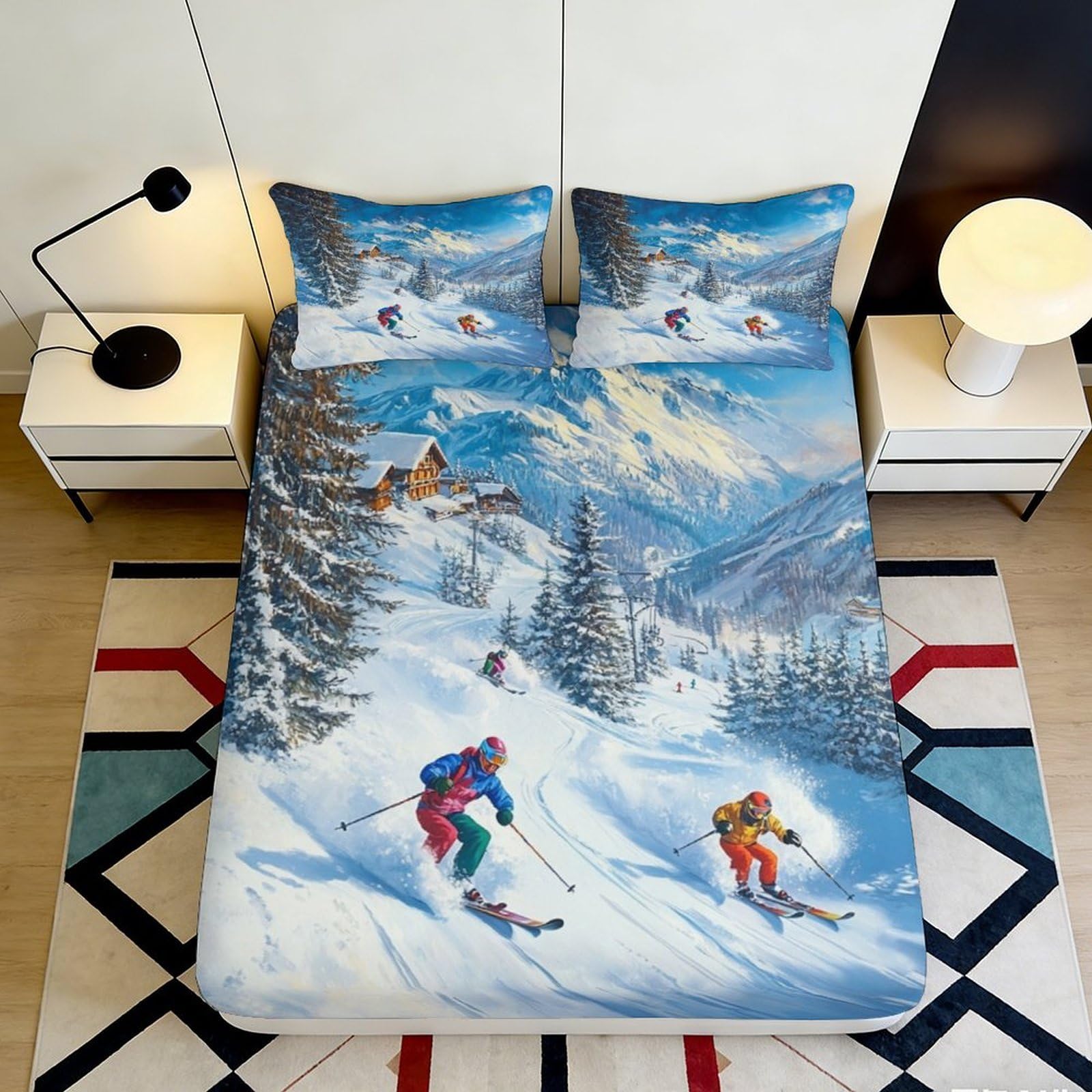 3D Printed Winter Skiing Fitted Sheet Microfiber Soft Durable Snow Mountain Bed Cover for Bedroom Dormitory Guest Room Mattress Protection 90x200x25cm