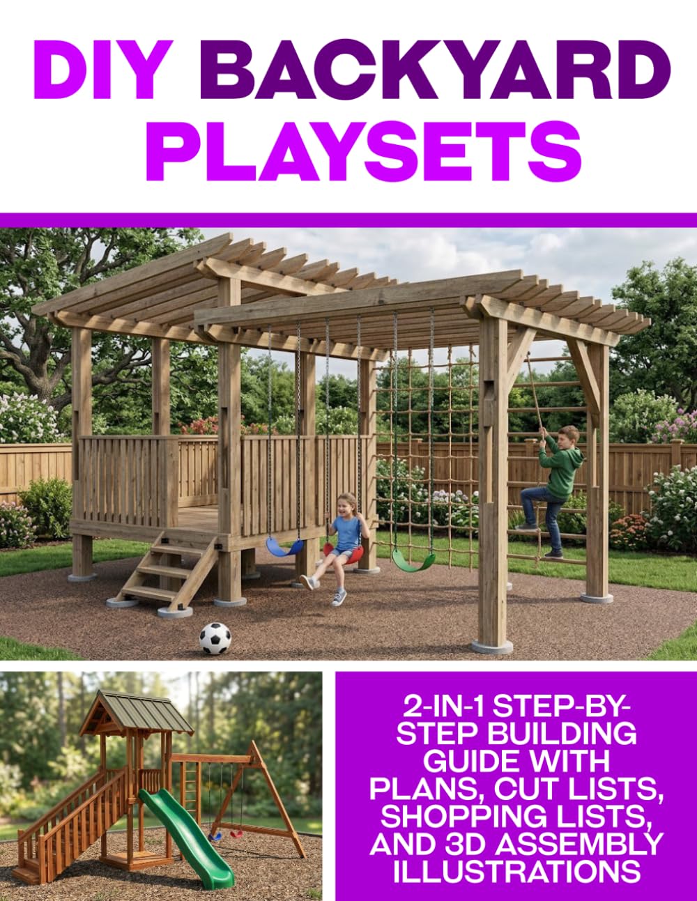 DIY Backyard Playsets: 2-in-1 Step-by-Step DIY Building Guide with Plans, Material Lists, Cut Lists, and 3D Assembly Illustrations