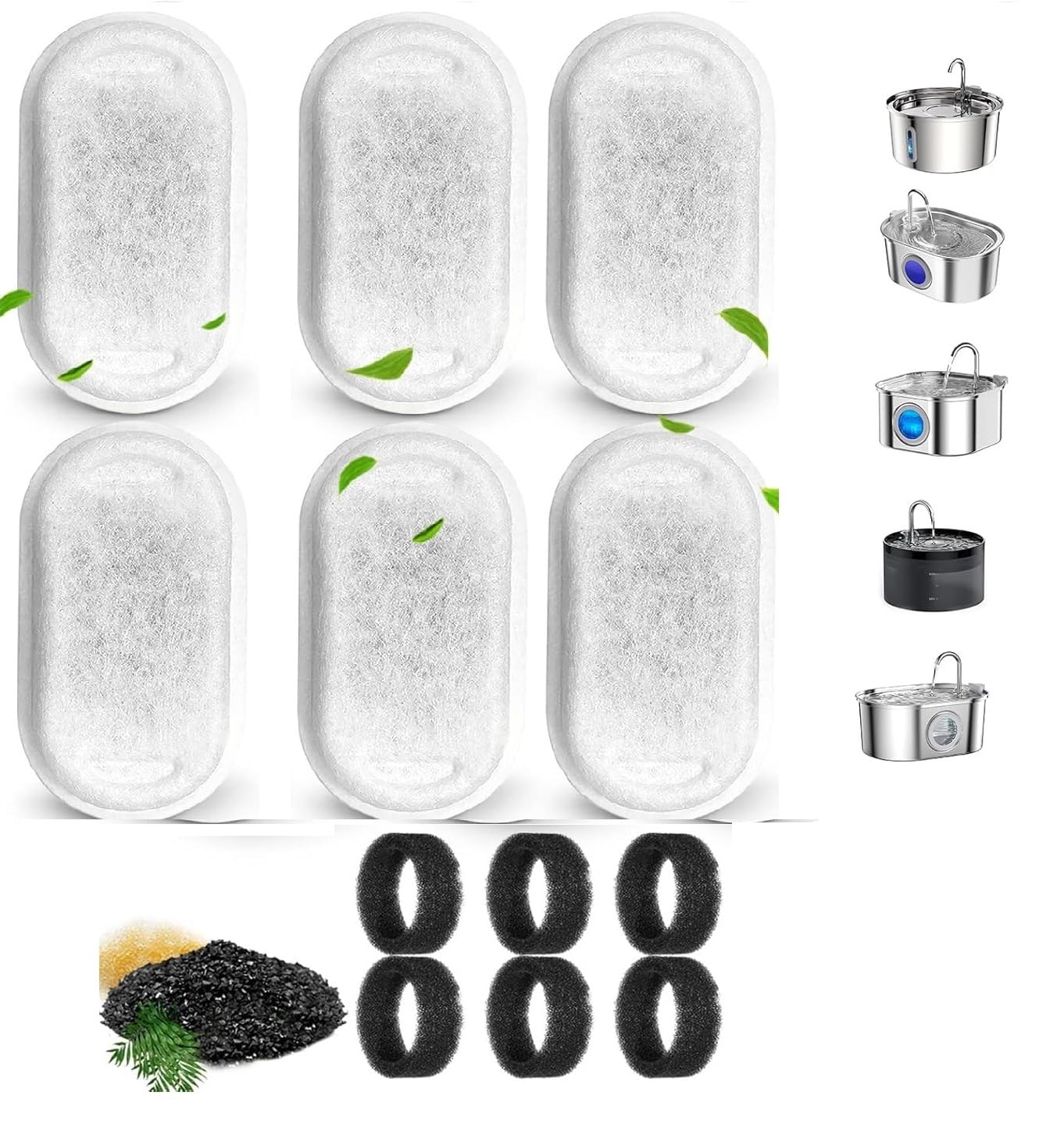 Cat Water Fountain 6 Filter Pack Cat Replacement with 6 Sponges for 108/3.2L & 67oz/2L/4L/134oz Pet Water Fountain Filters & sponges (Filters & Sponges, 6 Filters & 6 Sponges)-image-3