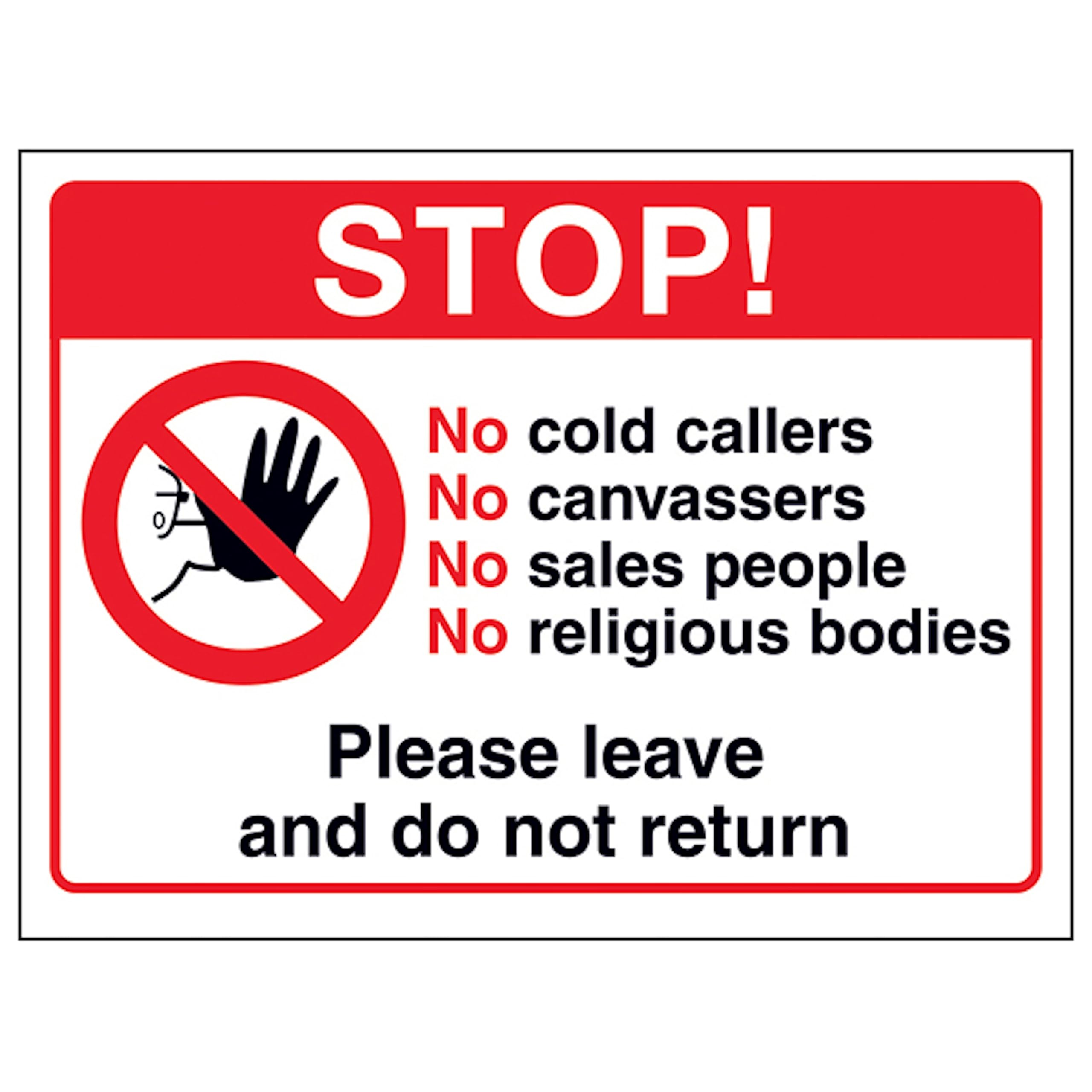 V Safety Stop! No Cold Callers, No...Please Leave and Do Not Return 150 x 100 mm - Glow In The Dark Self Adhesive Vinyl Safety Sign