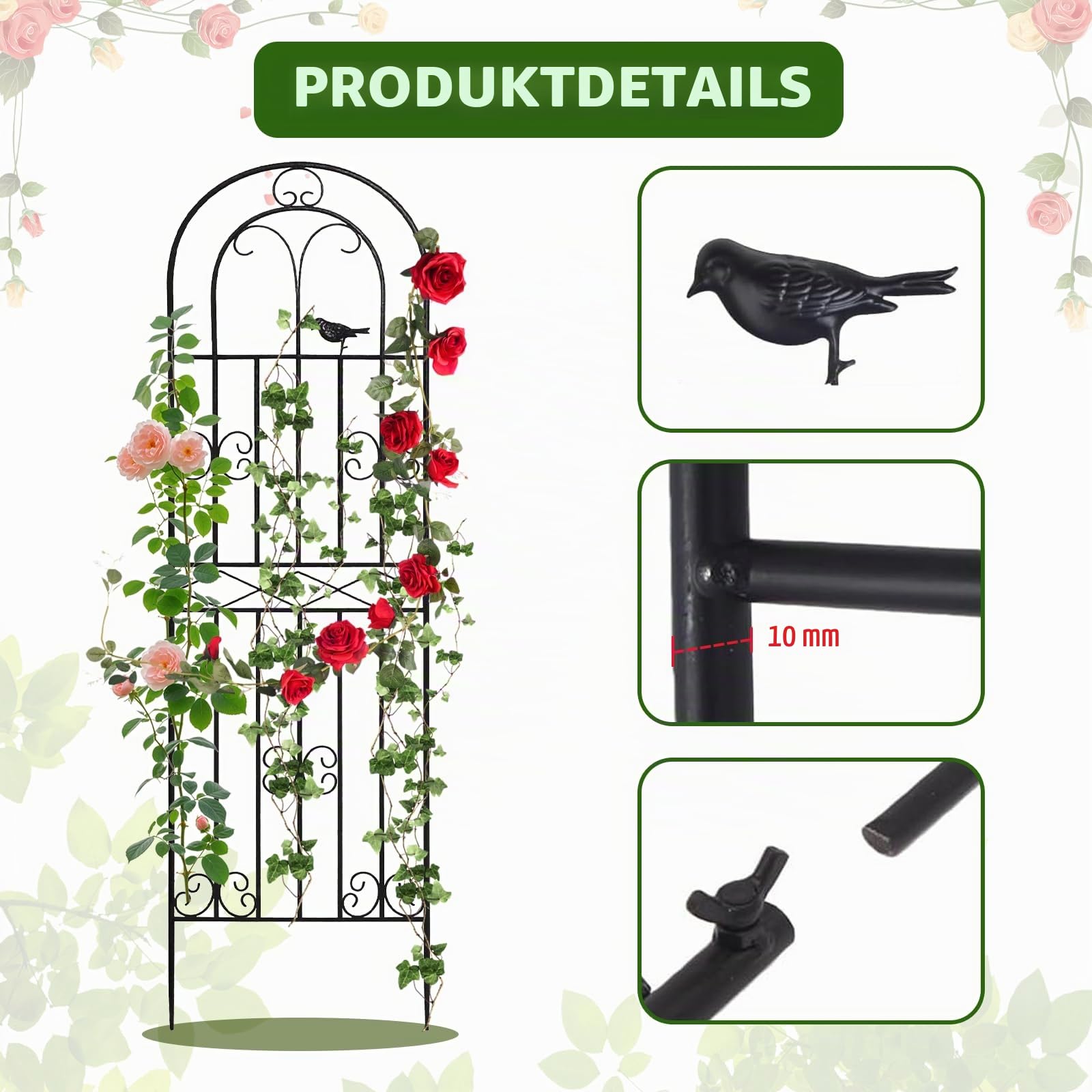 Rankgitter, 2-teiliges Set an Rankhilfen aus Metall, 180 × 50 cm, rostbeständig, für Rosenranken, Weinreben und Kletterpflanzen, zur Gartendekoration in Schwarz.