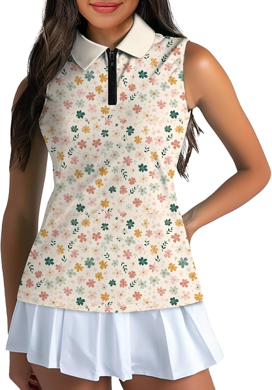 Golf Polo Shirts for Women Summer Lightweight Quick Dry Floral Print Sleeveless Zip...