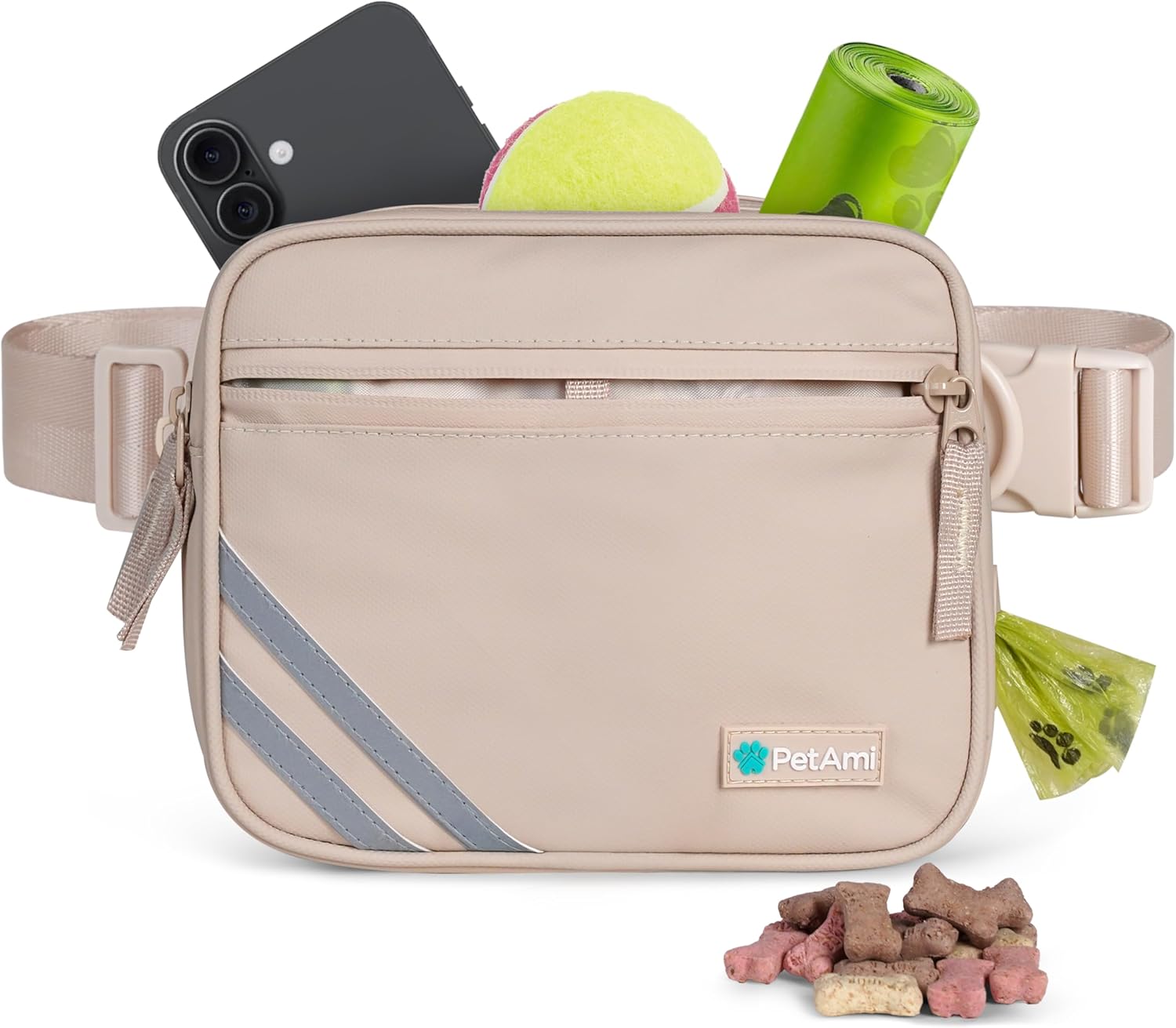 PetAmi Dog Treat Pouch for Walking, Training & Jogging, Hands-Free Dog Walking Bag with Adjustable Crossbody or Waist Strap, Poop Bag Dispenser, Zippered Pockets, Beige Cream