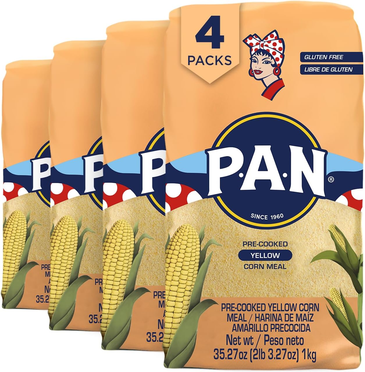 P.A.N. Yellow Corn Meal – Pre-cooked Gluten Free and Kosher Flour for Arepas (2.2 lb/Pack of 4)