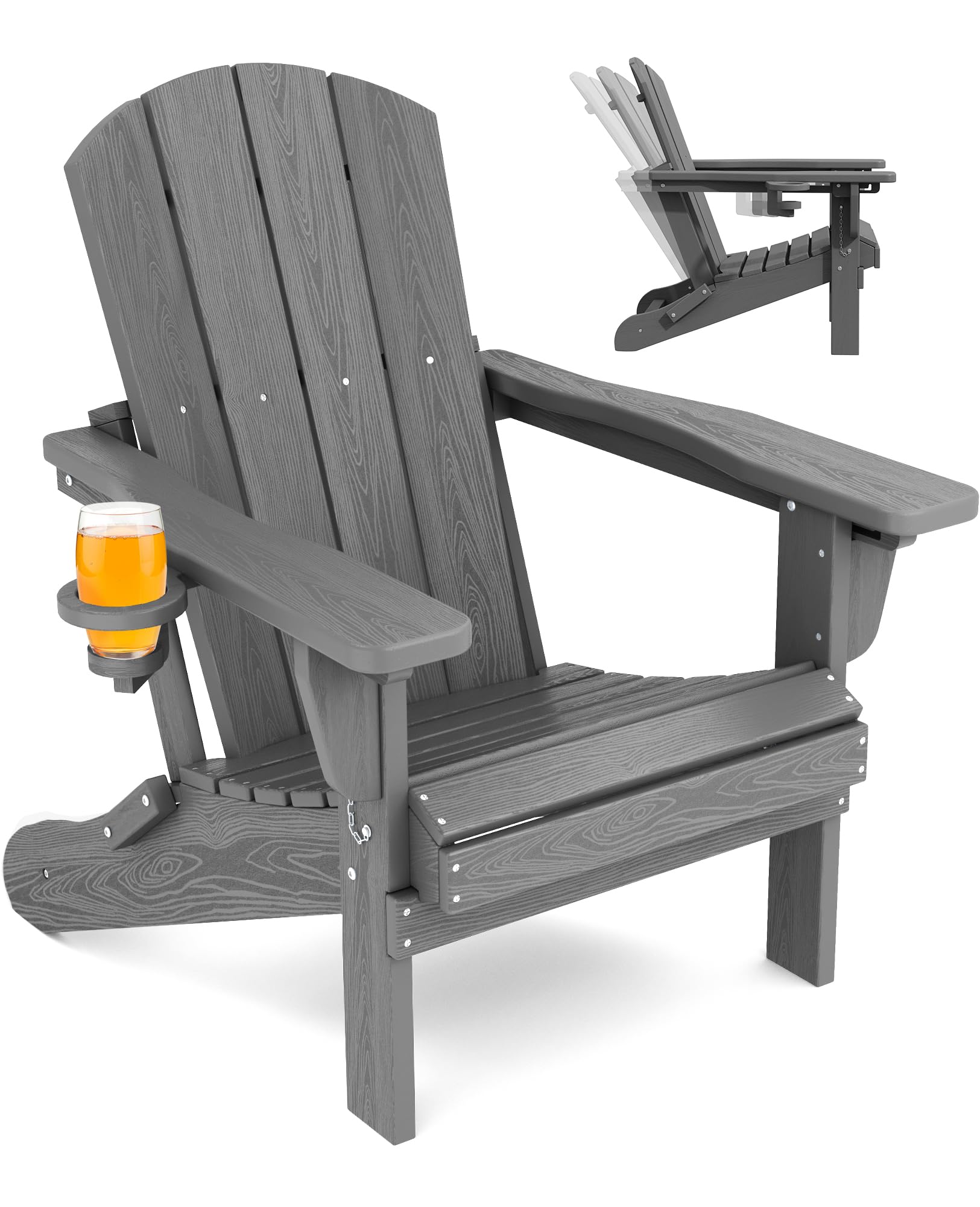 SERWALL Folding Adirondack Chair, Adirondack Outdoor Chair with Cup Holder, Adjustable Adirondack Chair with 3 Recline Positions, All Weather HDPE Outdoor Adirondack, Gray