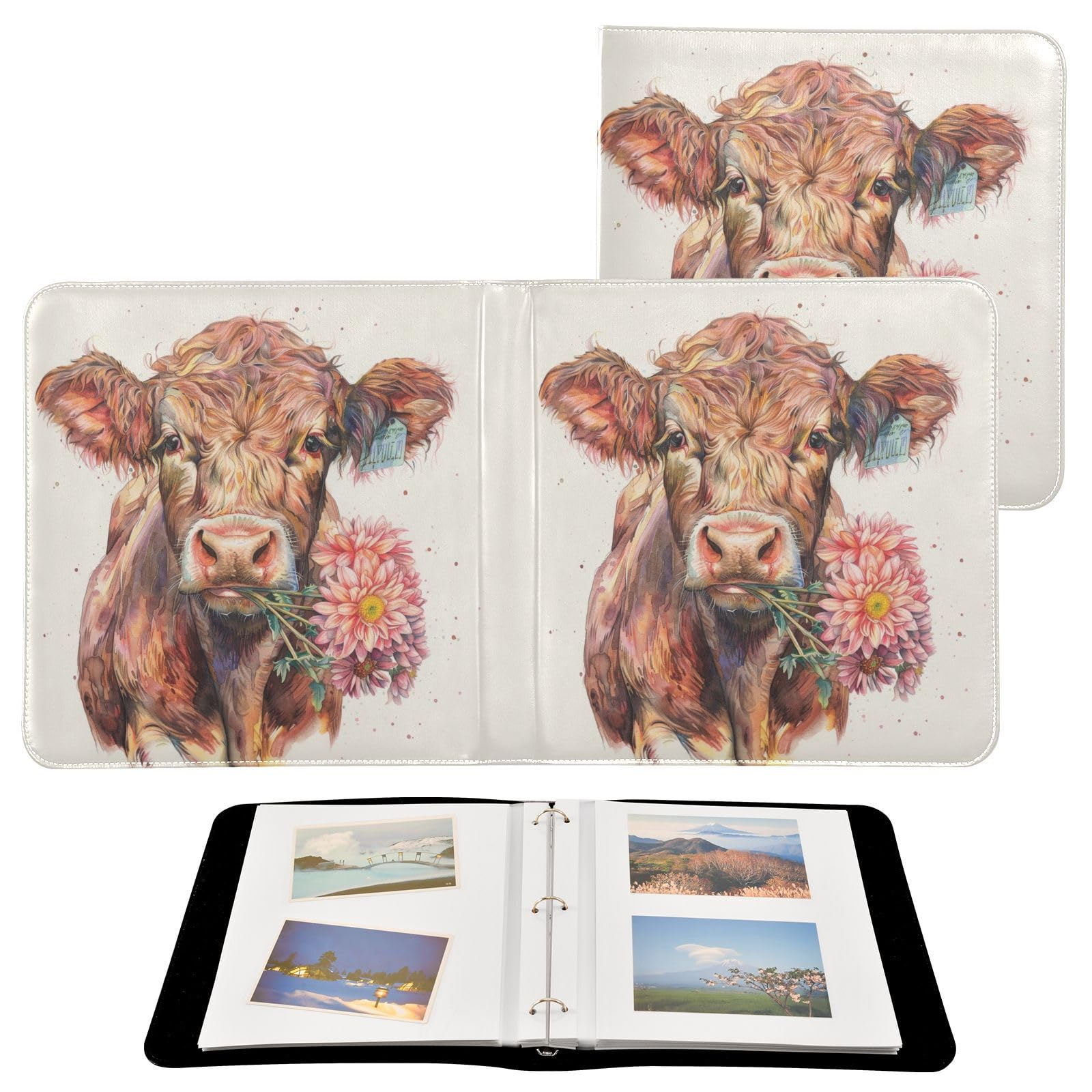 JIPONI Cow with Flower in Mouth Large Photo Album, DIY Leather Cover Scrapbook Albums for 4x6 5x7 6x8 Pictures, Self Adhesive Memory Book for Wedding, Baby, Family