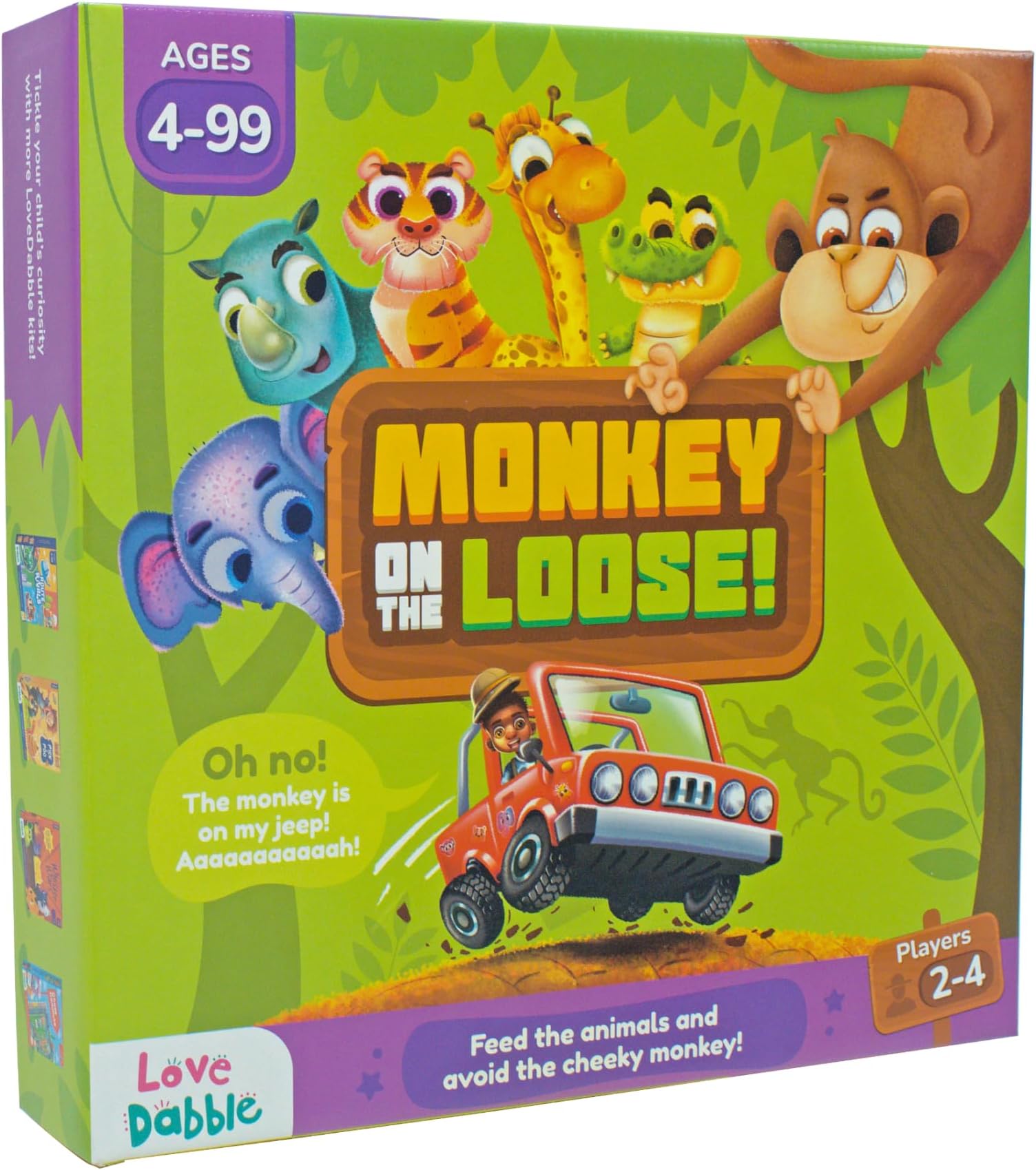 LoveDabble Safari Escape Board Game Monkey on The Loose: Dodge The Mischievous Monkey, Maneuver Challenges & Complete The Animal Feeding Mission with Kids & Family Birthday Gift for Kids
