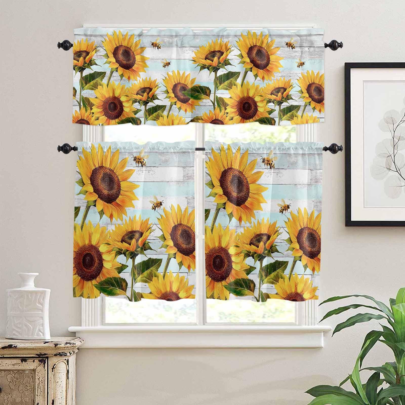 Sunflower Bee Kitchen Curtains 24 Inch Length, 3 Piece Rod Pocket Small Half Tiers and Valance Set, Blue Striped Spring Farm Botanical Art Small Large Window Treatment Decor for Bedroom/Bathroom Sink
