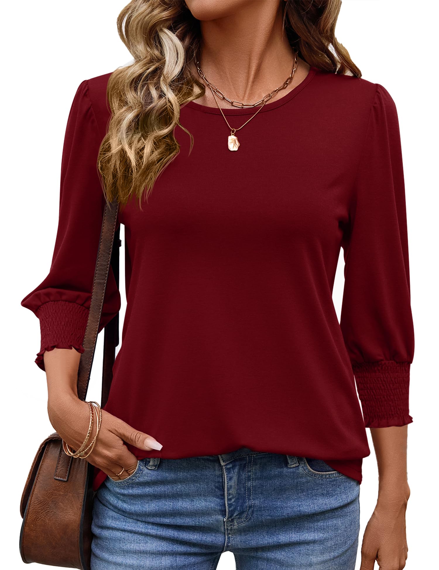 IECCP Damen Bluse 3/4 Ärm Runder Ausschnitt Tunika Sommer Tops Locker Shirt Lässig 2025 Oberteil Elegant Bluse
