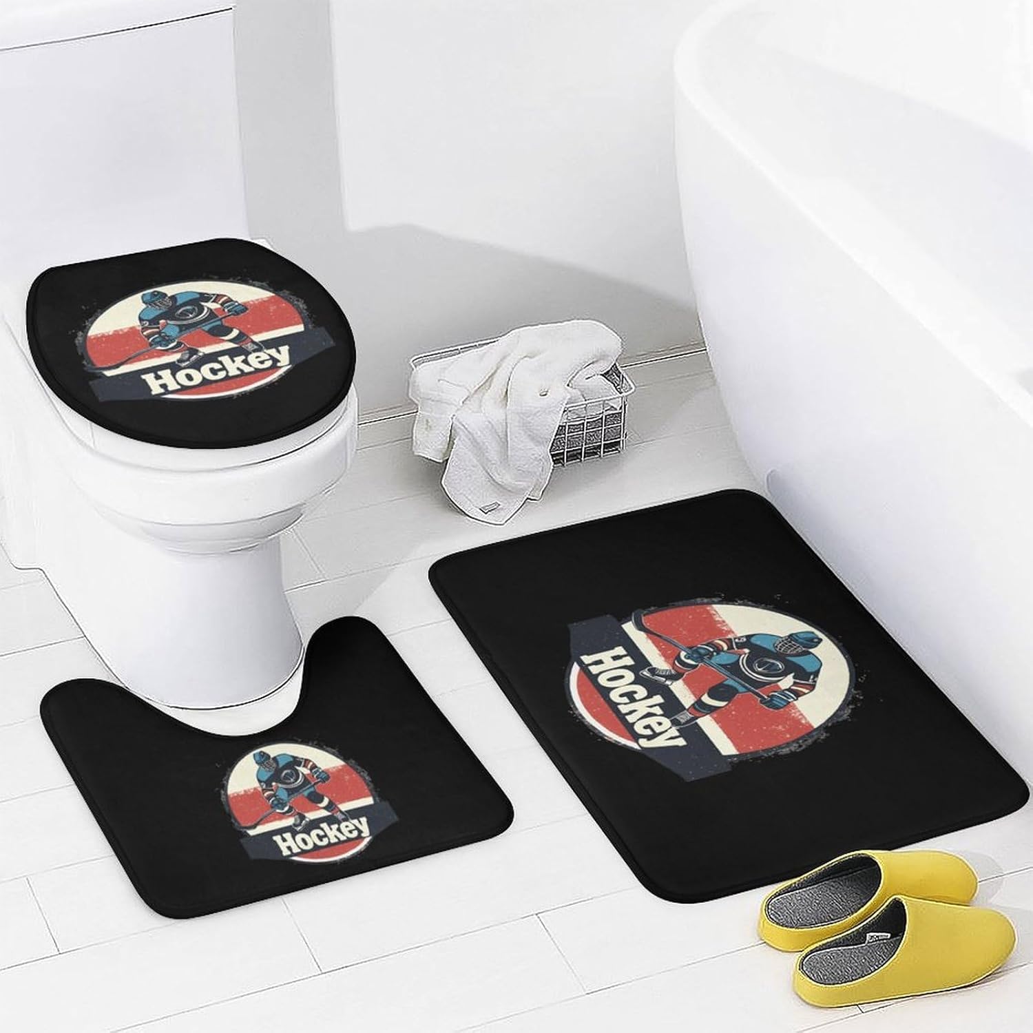 Vintage Hockey Modern Bathroom Sets with Shower Curtain and Rugs Decor 4 Pcs with 12 Hooks