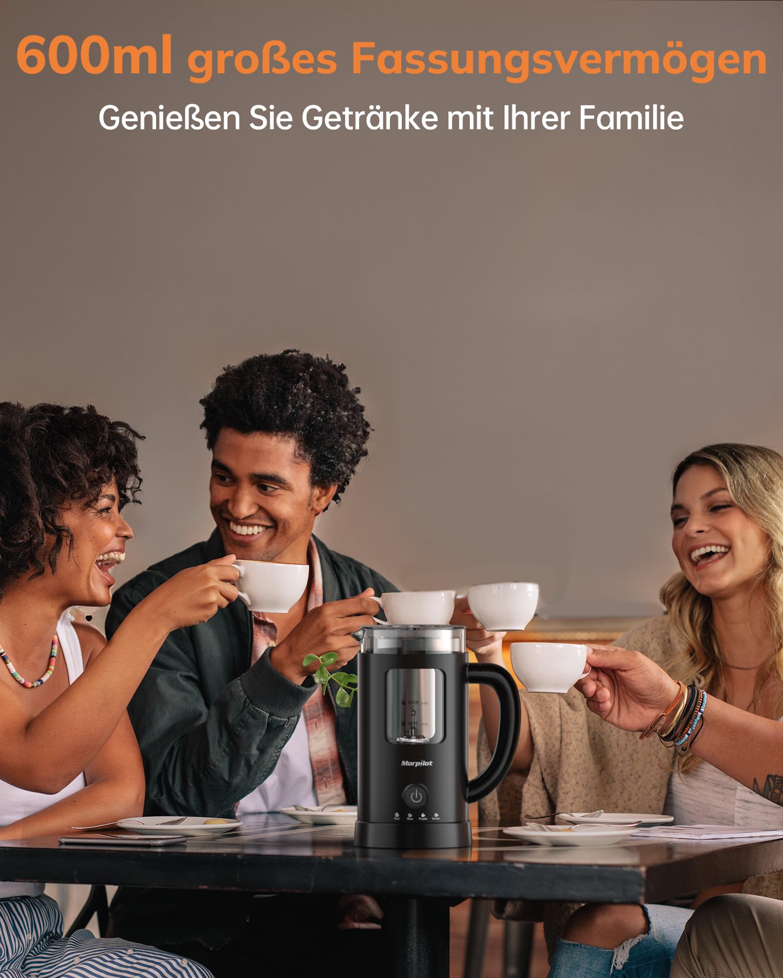 Morpilot Montalatte elettrico, 130-600 ml, 550 W, montalatte 4 in 1, per acqua calda e fredda, vetro visivo, design latte, nero
