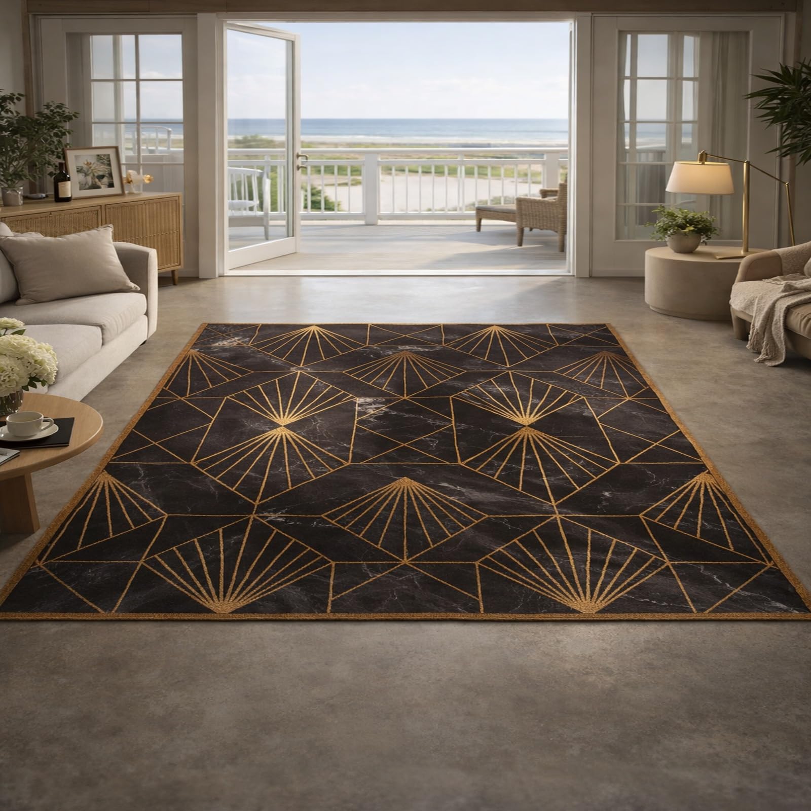 Alfombra de dormitorio 80x120 cm antideslizante con diseño geométrico dorado de pelo corto Rururug