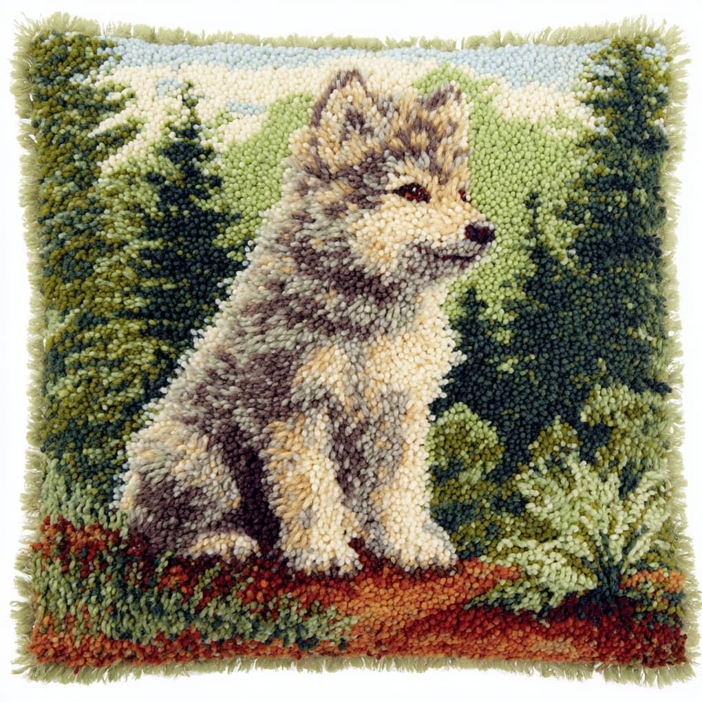 Henypt Easy Beginner Latch Hook Pillow Kit 43x43cm,Animal cub Wolf Needlework Cushion Set Pre-Printed Canvas and Tool Included,Simple Sofa Decor Project