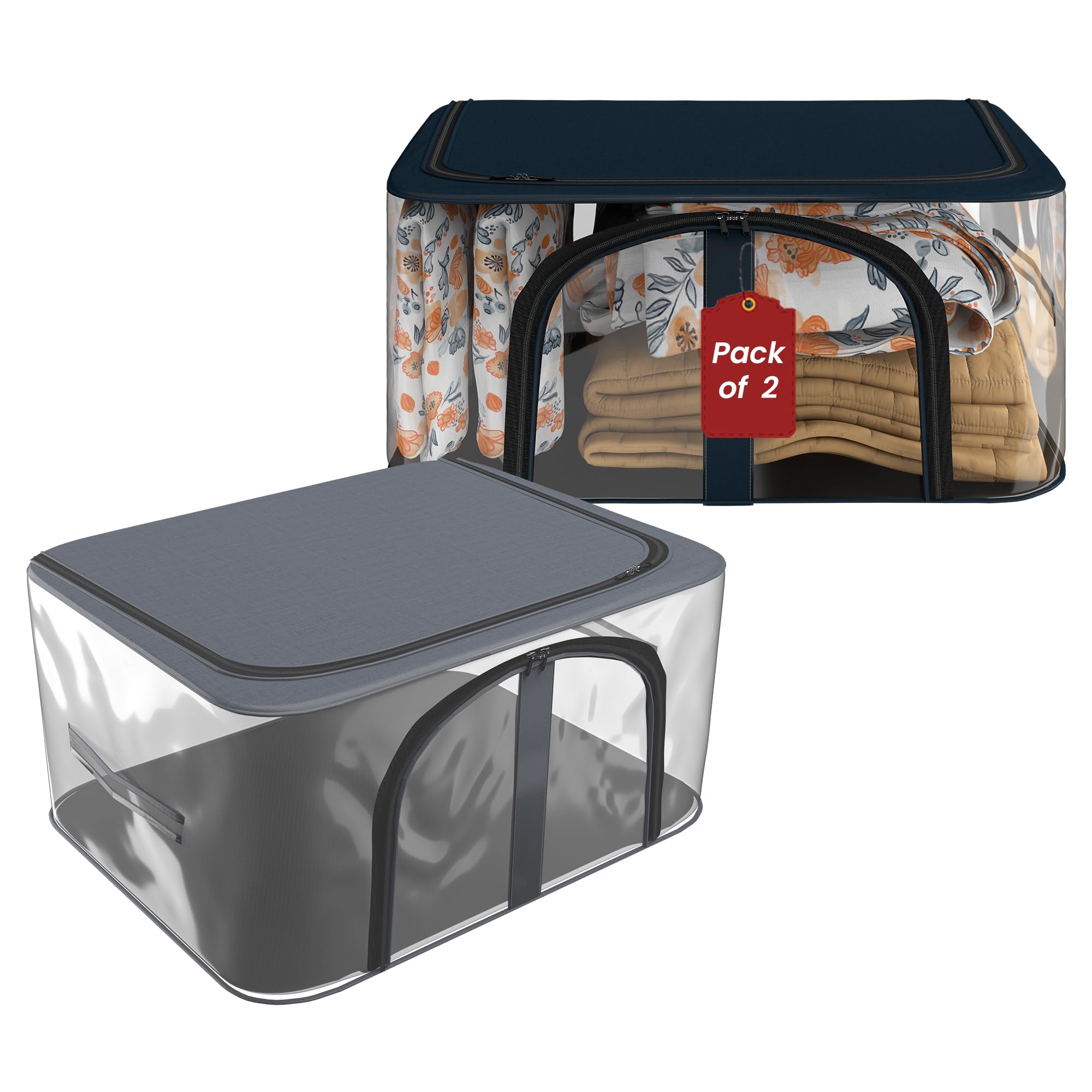 Kuber Industries Pack of 2 Pvc Transparent Zip Lock Saree Organizer for Wardrobe with Handles | Dress Storage Bag for Lehenga, Gown & Shawl |Clothes Organiser for Storage | Navy Blue & Grey