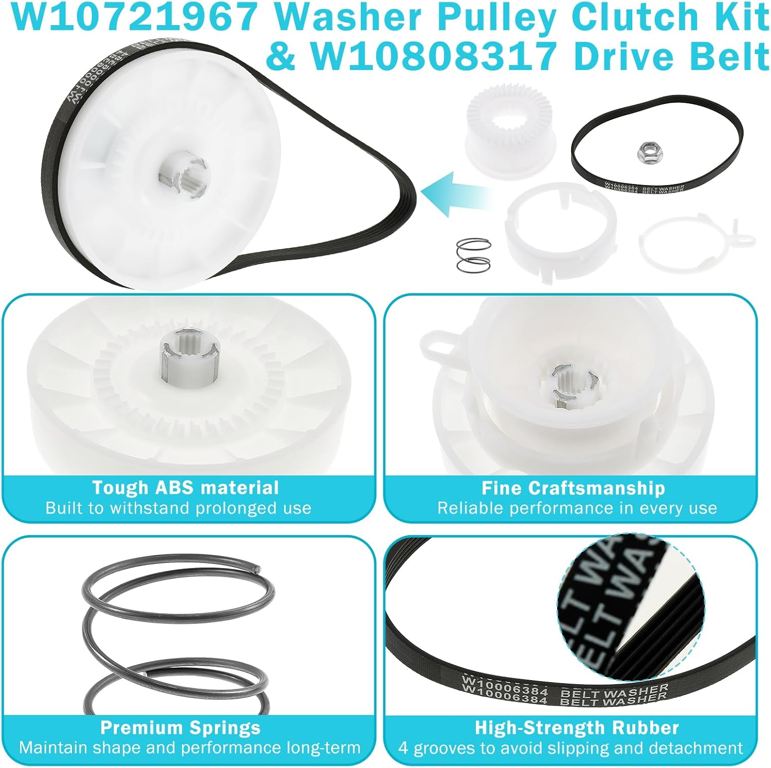 W10913953 49TYZ-E120A1 Washer Shift Actuator & W10721967 Pulley Clutch Kit & W10006384 Drive Belt, Replacement Parts Kit Fit for Whirl-Pool Ken-More May-tag Washing Machine (1 Set)