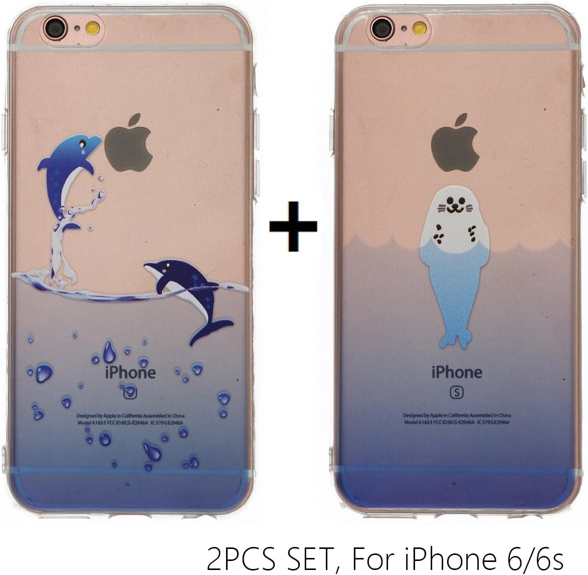 iPhone 6 / 6S Case , BLUEWALL Dolphin Seals Design Funy Cartoon Creative Transparent lifelike Print Soft TPU Ultra-thin 2 Cover Cases Set For iPhone6 and iPhone6S ( Dolphins & Seal )