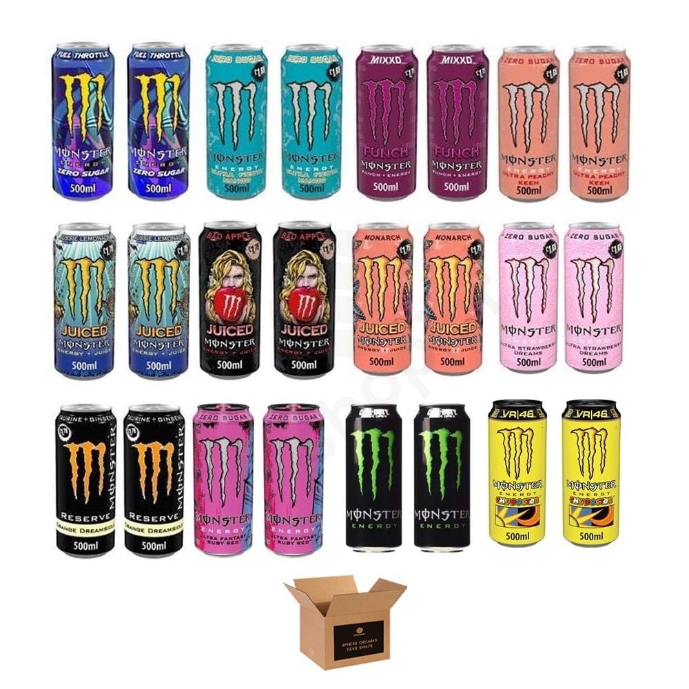 Monster Energy Drink Flavours | Juiced, Zero Sugar, Ultra, Monarch, Fiesta Mango, Strawberry Dreams, VR46, Punch | High Caffeine Sports Energy Drink | 500ml (Pack 24, Mixed-Assorted)