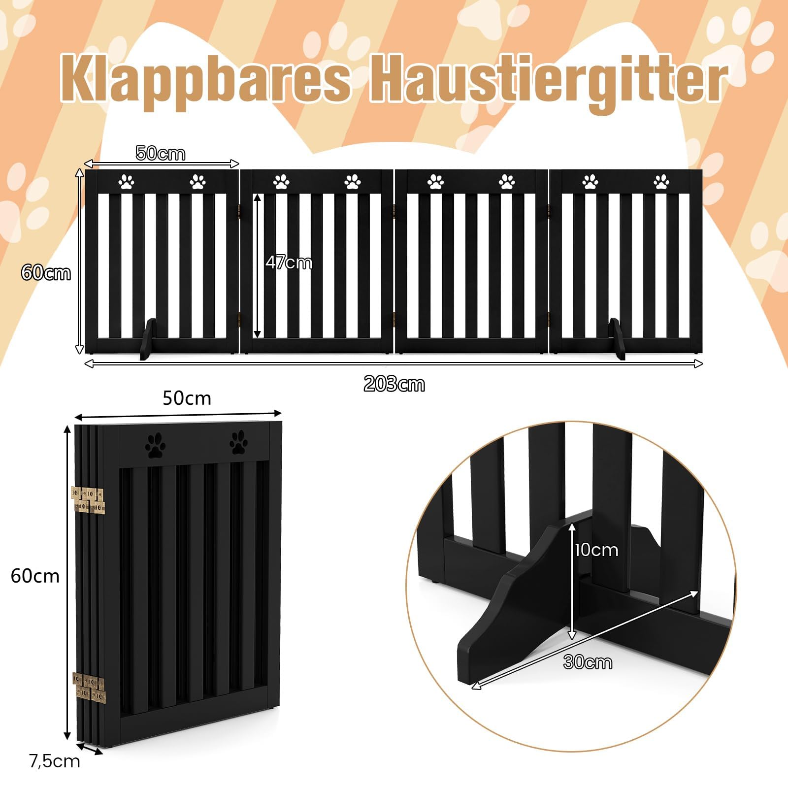 COSTWAY Absperrgitter Hunde, Schutzgitter Holz, Kindergitter klappbar, Treppengitter 60cm Hoch, Hundeabsperrgitter flexibel Türschutzgitter (4 Paneelen, Braun)