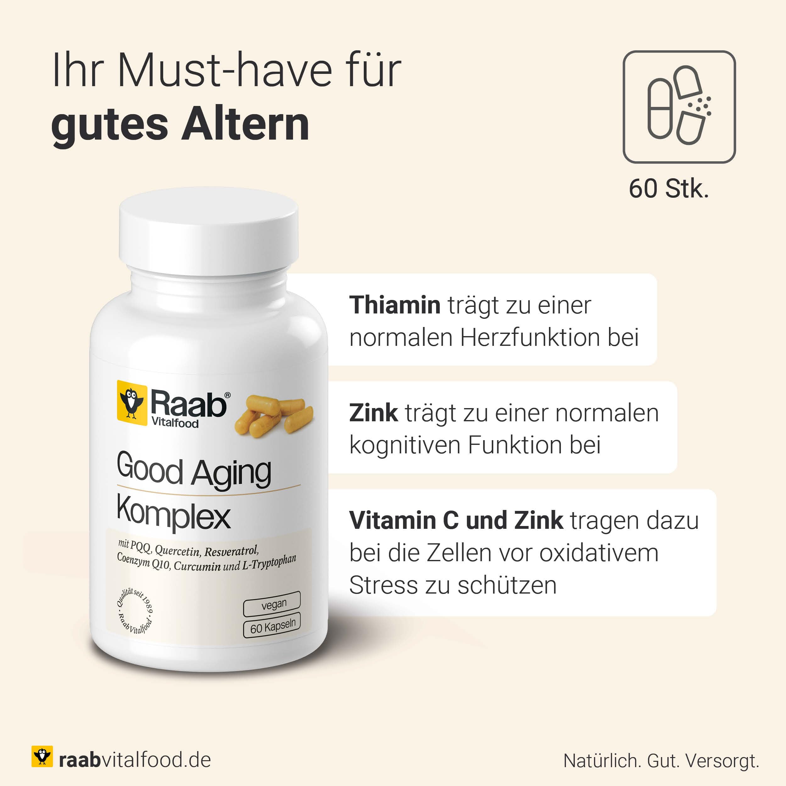 Raab Vitalfood® Good Aging Komplex Kapseln (60 Stück) - 10 in 1 Kapsel für gutes Altern, mit PQQ (MGCPQQ®), Quercetin, Curcuma, trans-Resveratrol, Coenzym Q10, L-Tryptophan, Zink und Vitaminen