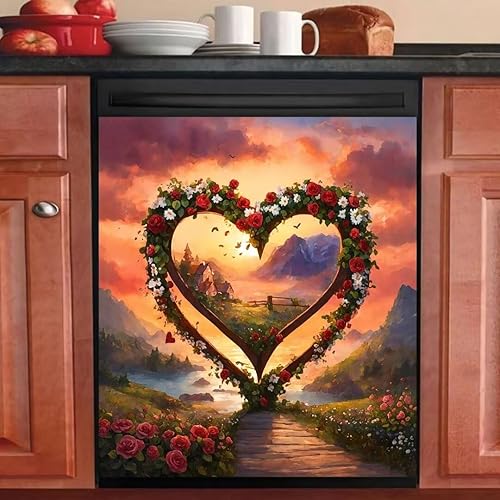 Miniatura 2 de Calcomanía magnética de vinilo para lavavajillas, diseño de paisaje de montaña, corona de flores, corazón, para decoración festiva de cocina, 23