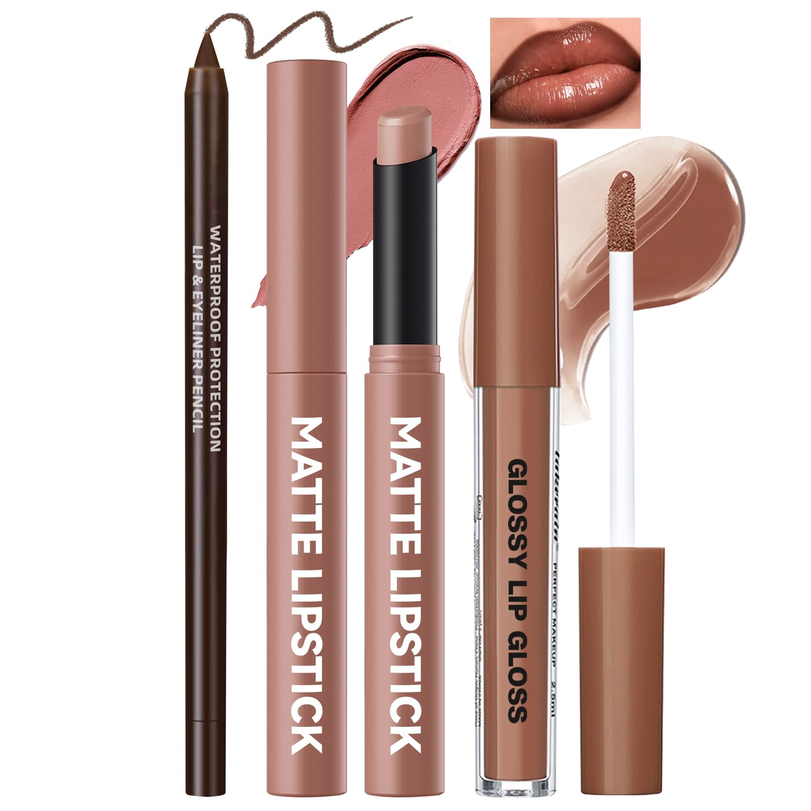 Noerrors Juicy Nude Lip Kit with Matte Lipstick & Nourishing Lip Gloss & Brown Lip Liner, Moisturizing Glossy High Shine Pluming Lip Combo for Women, Smooth Tinted Lip Glow Oil Lip Contour Trio Set Set A: nude brown