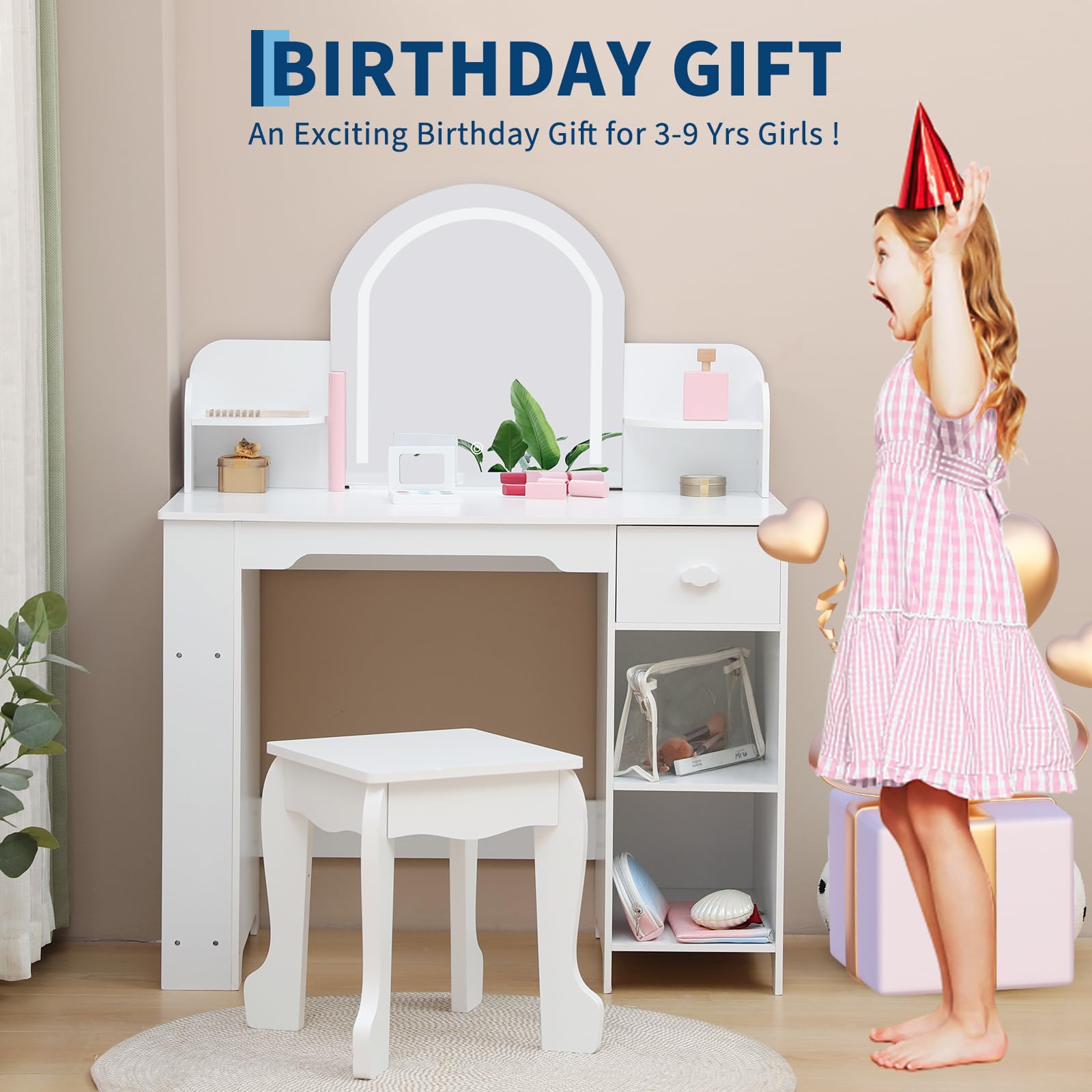 GarveeHome Kinder Schminktisch Set mit LED-Spiegel & Hocker – Holz Schminktisch für Mädchen mit Schubladen, offenen Fächern & Bücherregal – Perfekt für Kinderzimmer oder Spielzimmer – Farbe: Weiß