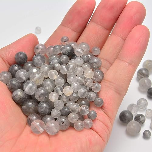 Miniatura 4 de 200 cuentas sueltas de cristales de cuarzo grises de 0.23 pulgadas (6 mm) para joyería de pulseras y collares, cuentas semipreciosas naturales