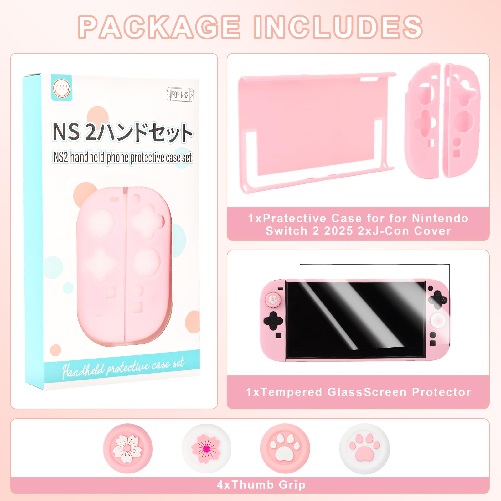 Custodia Protettiva Dockable per Nintendo Switch 2 (2025),Antigraffio,Antiurto e Resistente,Cover Compatibilità e Switch 2 per Joy-Con con Vetro Temperato,4 tappi Thumbstick (Rosa)