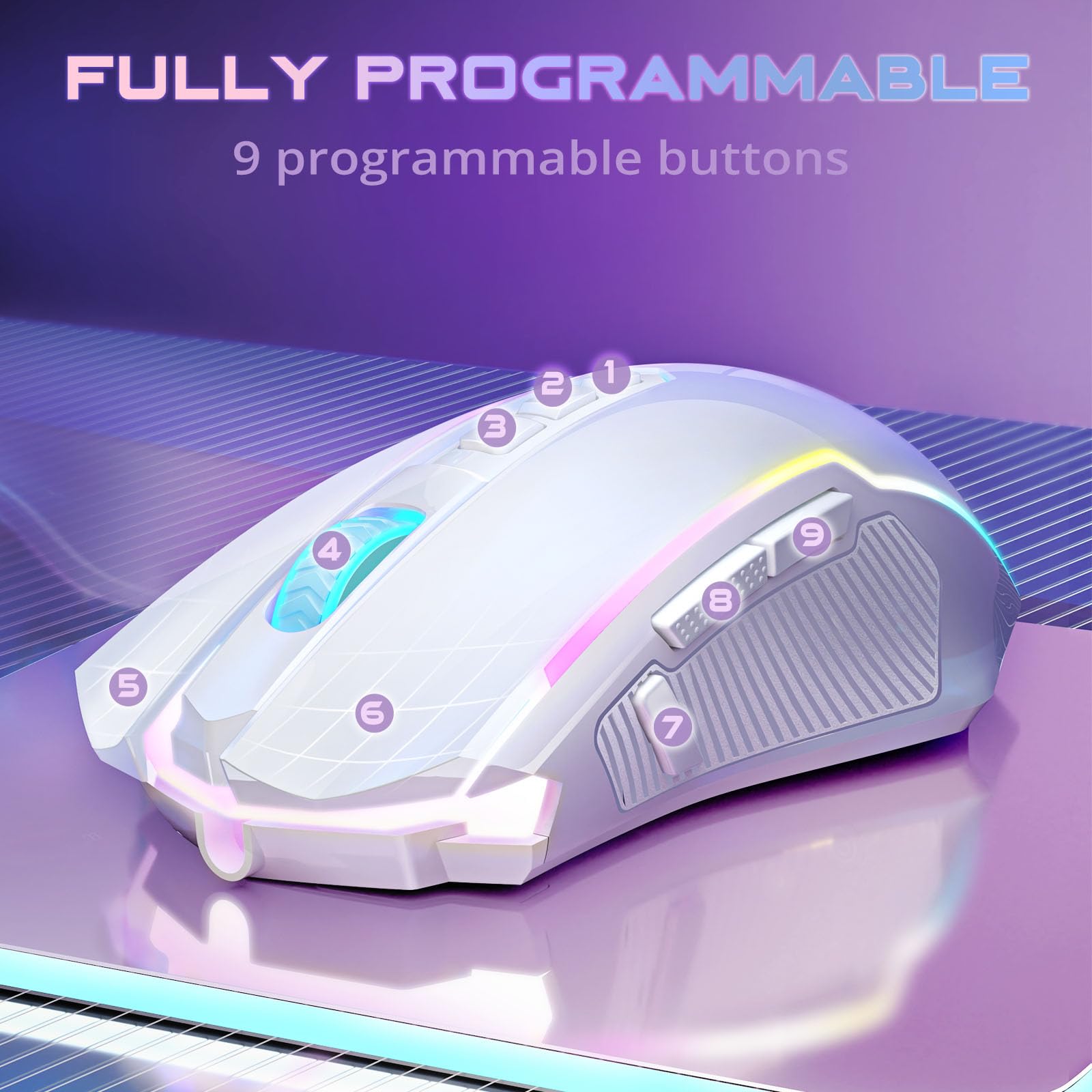 Redragon Ratón inalámbrico para juegos, trimodo 2.4G/USB-C/Bluetooth, 10000 DPI, retroiluminación RGB, totalmente programable, mouse inalámbrico recargable para laptop, PC, Mac, blanco