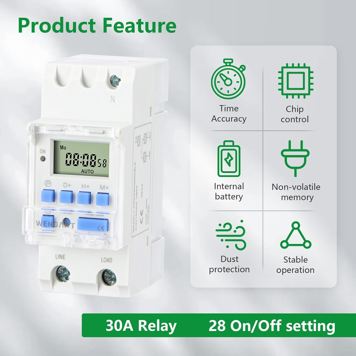 Infographic showing key features of Wengart THC30A timer: time accuracy, chip control, internal battery, non-volatile memory, dust protection, stable operation, 30A relay, and 28 ON/OFF settings.