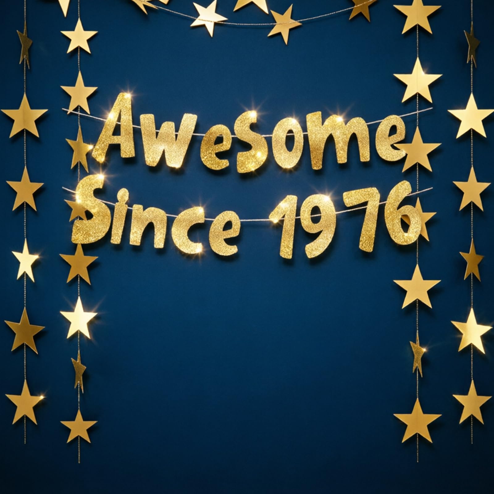 "Awesome Since 1976" Gold Glitter Birthday Banner with Star Garland - 50th Birthday Decorations for Women & Men - Reusable Party Decor for Wall, Table, Outdoor