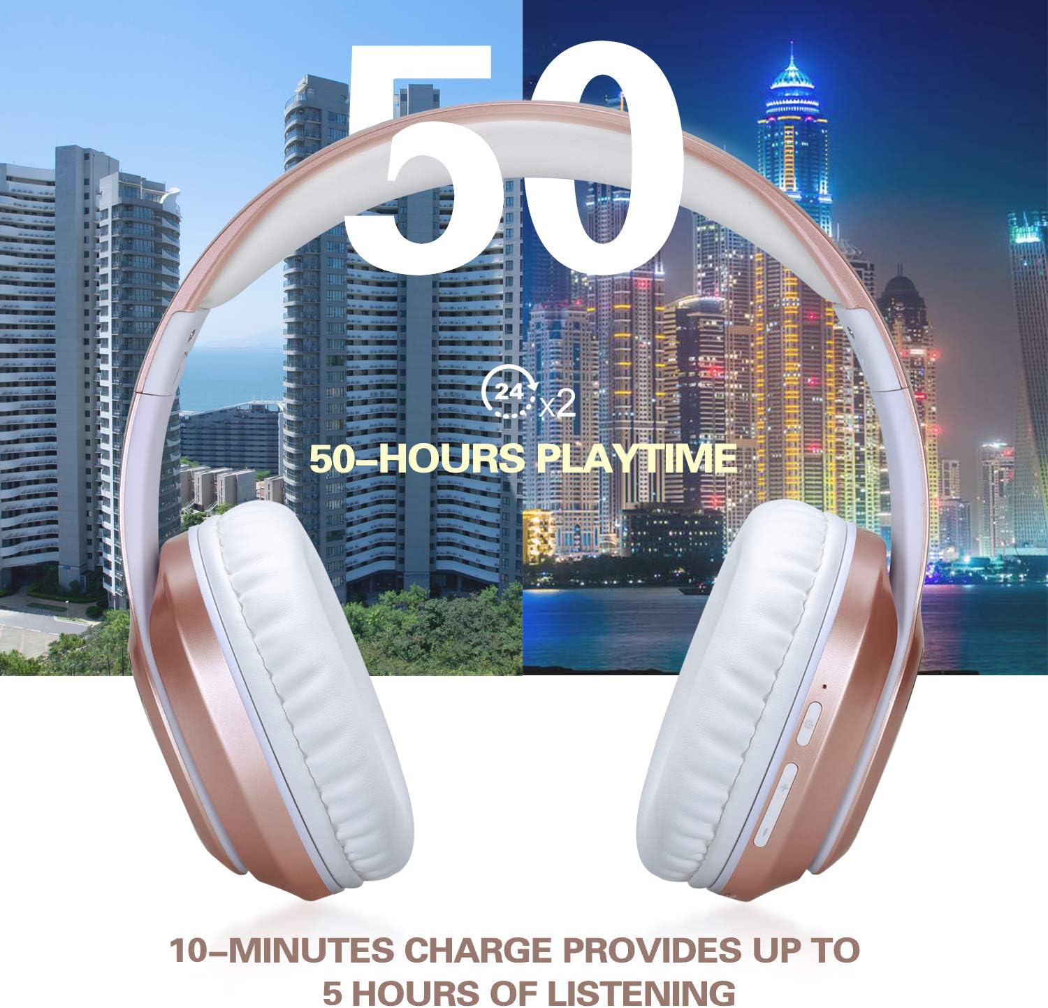 WorWoder Bluetooth Headphones Over Ear, [50 Hrs Playtime] Wireless Headphones, Quick Charge, Hi-Fi Sound Deep Bass/Soft Earpads, Built-in HD Microphone for Cellphone PC TV (Rose Gold)