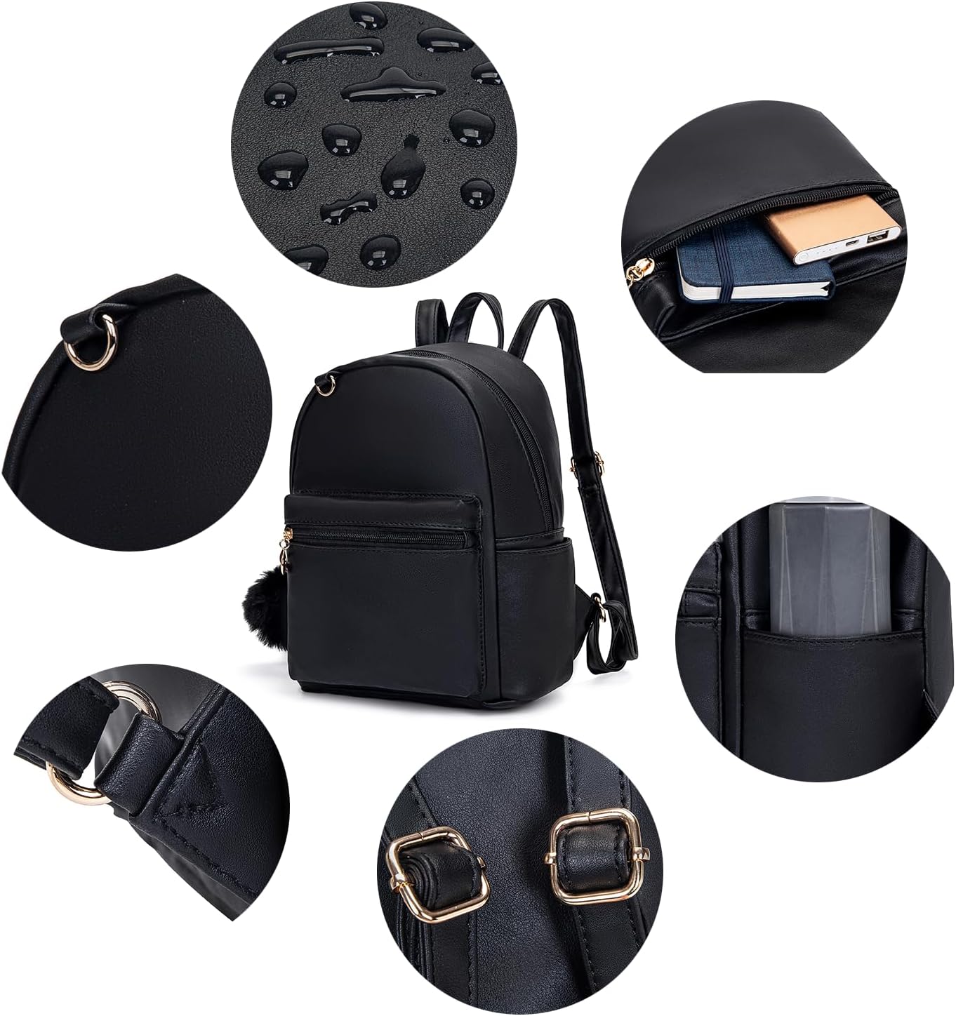 YiXiamo Cute 10 Inch Mini PU Backpack with D-Ring & Removable Fluffy Ball Charm for Teens & Women (blue) - Image 5