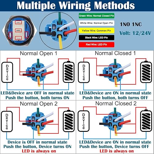 Miniatura 6 de DMWD 2 interruptores de botón de bloqueo de 0.748 in de 12 V 24 V CC, indicador LED impermeable, carcasa de acero inoxidable antivandálico, orificio
