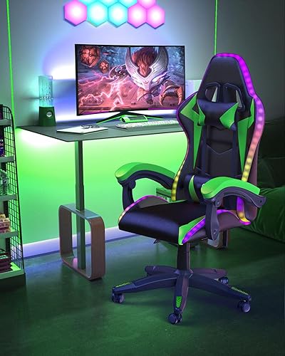 Miniatura 7 de Silla de Gaming con Luces LED RGB, Silla Ergonómica para Computadora con Reposacabezas y Soporte Lumbar, Cuero PU Respaldo Alto Altura Ajustable
