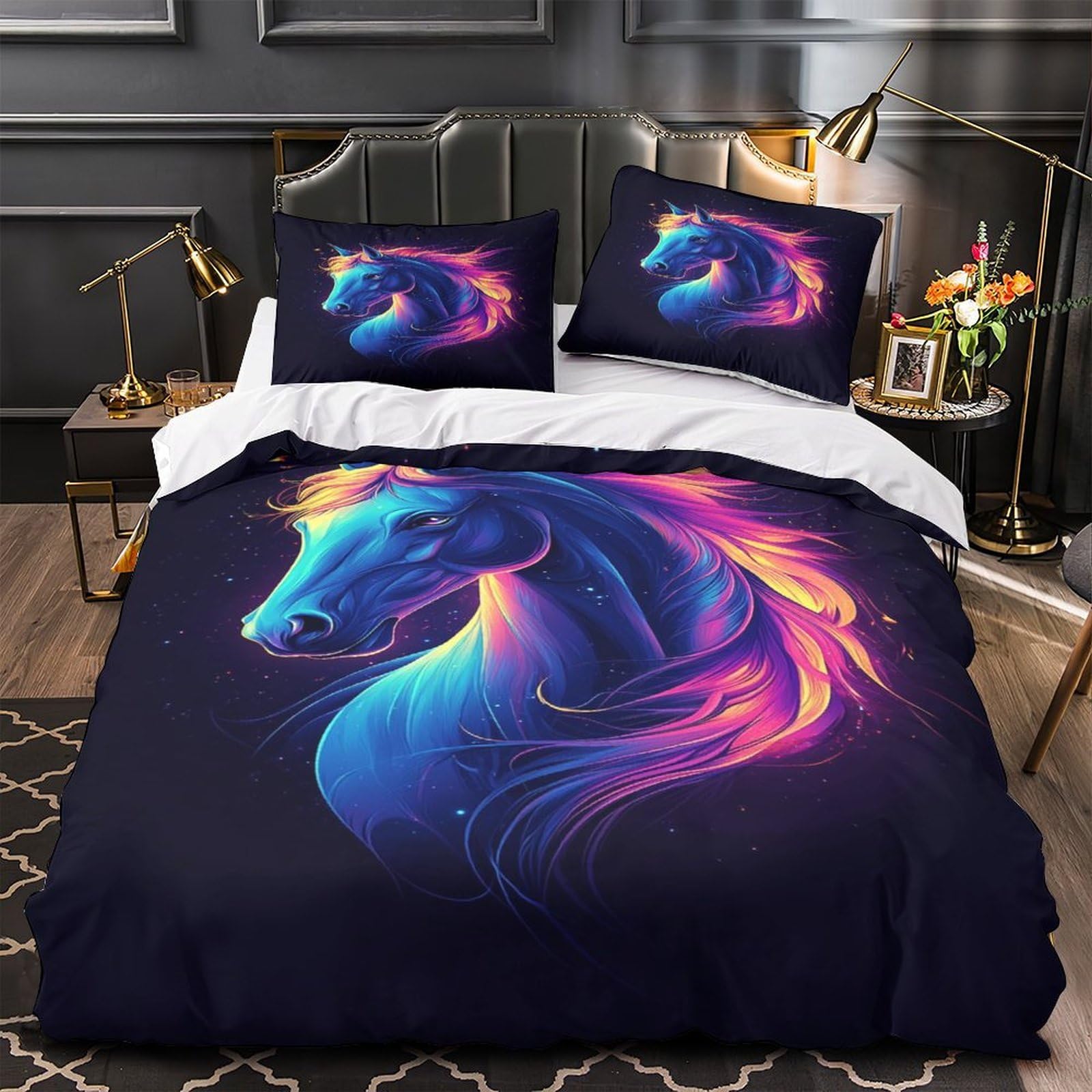 Housse de couette cheval néon 3D Super King 260x220 cm avec 2 taies d'oreiller en microfibre