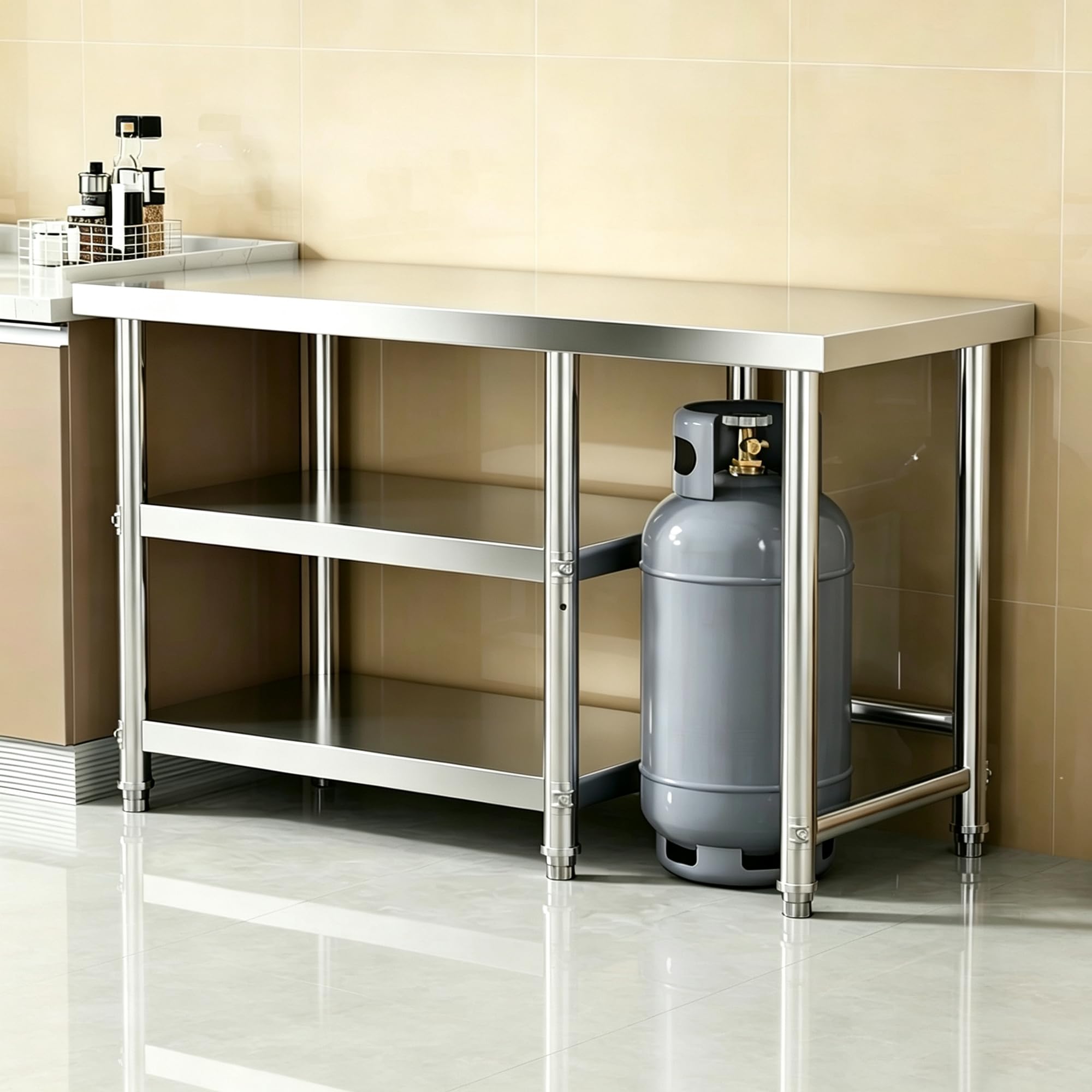 Tavolo Da Lavoro in Acciaio Inox, Tavolo Da Preparazione Commerciale A 3 Ripiani Con Ripiani Regolabili, Scaffali Acciaio Inox Banco Da Cucina Acciaio Per Cucina, Ristorante,Garage,120x50x80cm