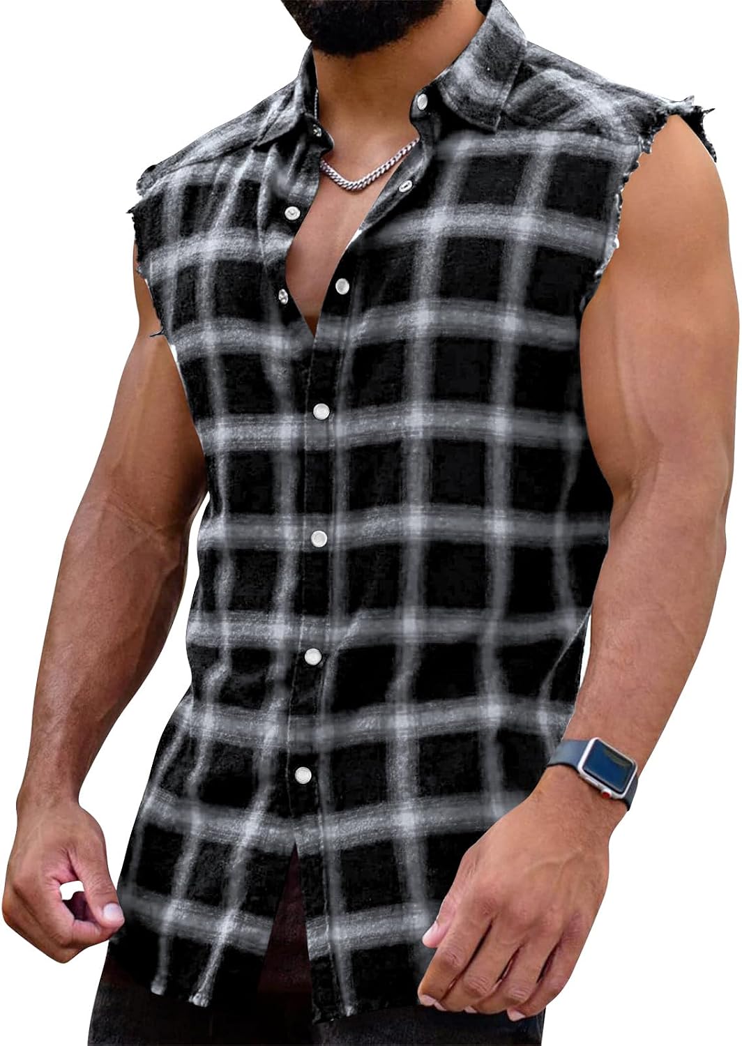 Mens Sleeveless Flannel Shirt Casual Plaid Button Down Shirts Cowboy Tank Shirts