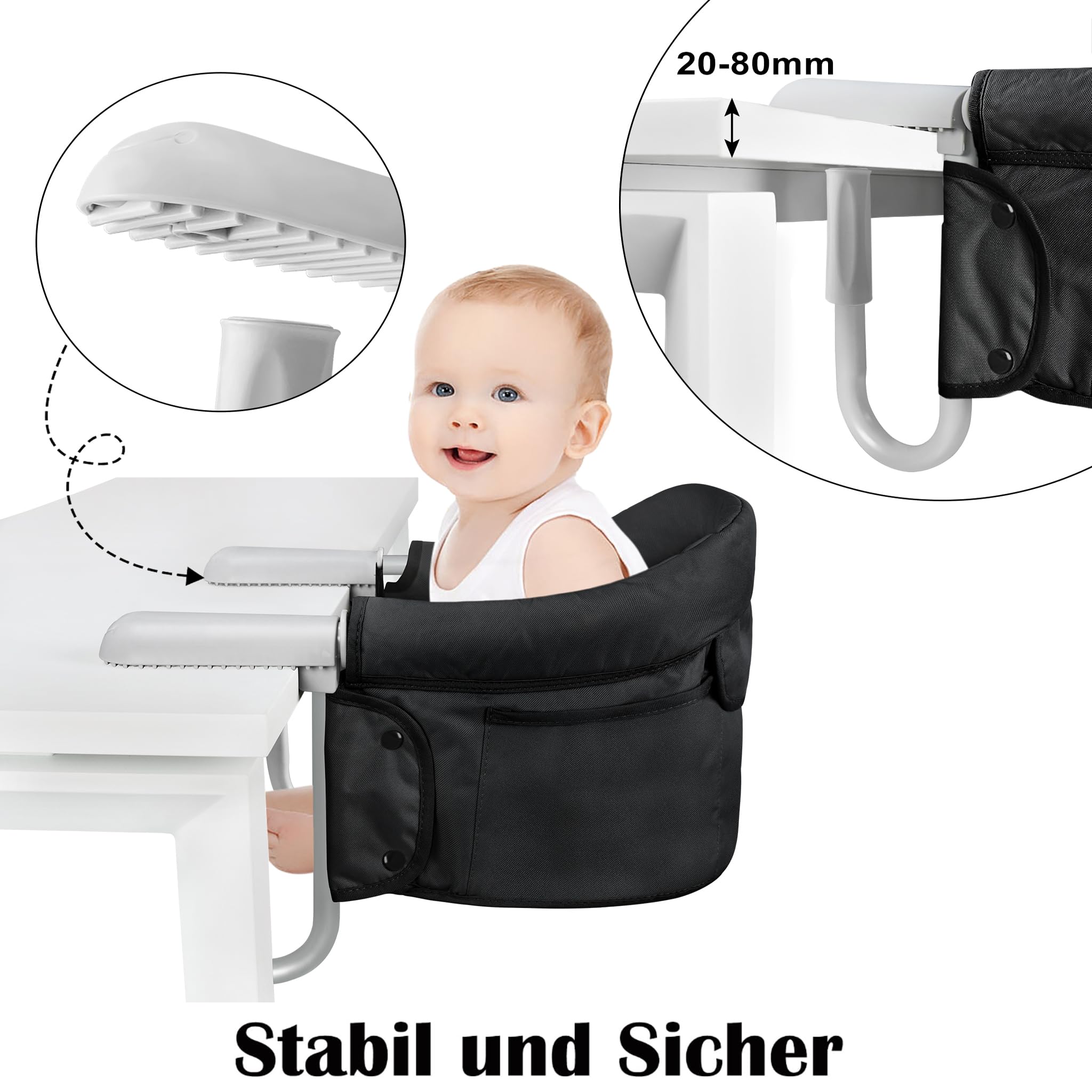 FIVMEN Seggiolino da tavolo pieghevole per bambini, con cintura di sicurezza monopezzo e schienale imbottito per casa e in viaggio, fino a 15 kg, nero