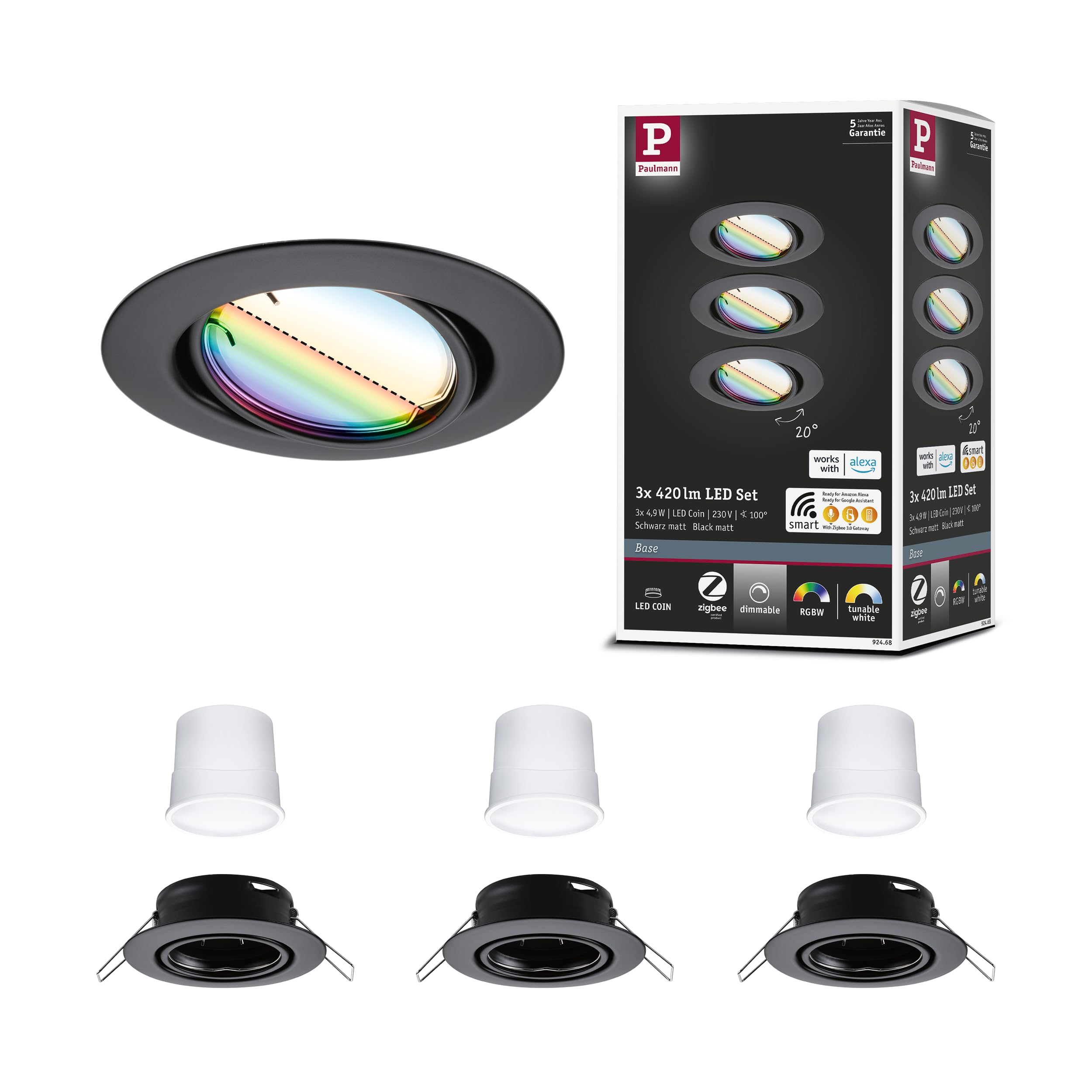 Paulmann 92468 Luminaria empotrable LED Base Smart Home Zigbee juego básico, giratoria, redonda 230V 3x4,9W 3x420lm regul. 90mm negro mate metal RGBW+