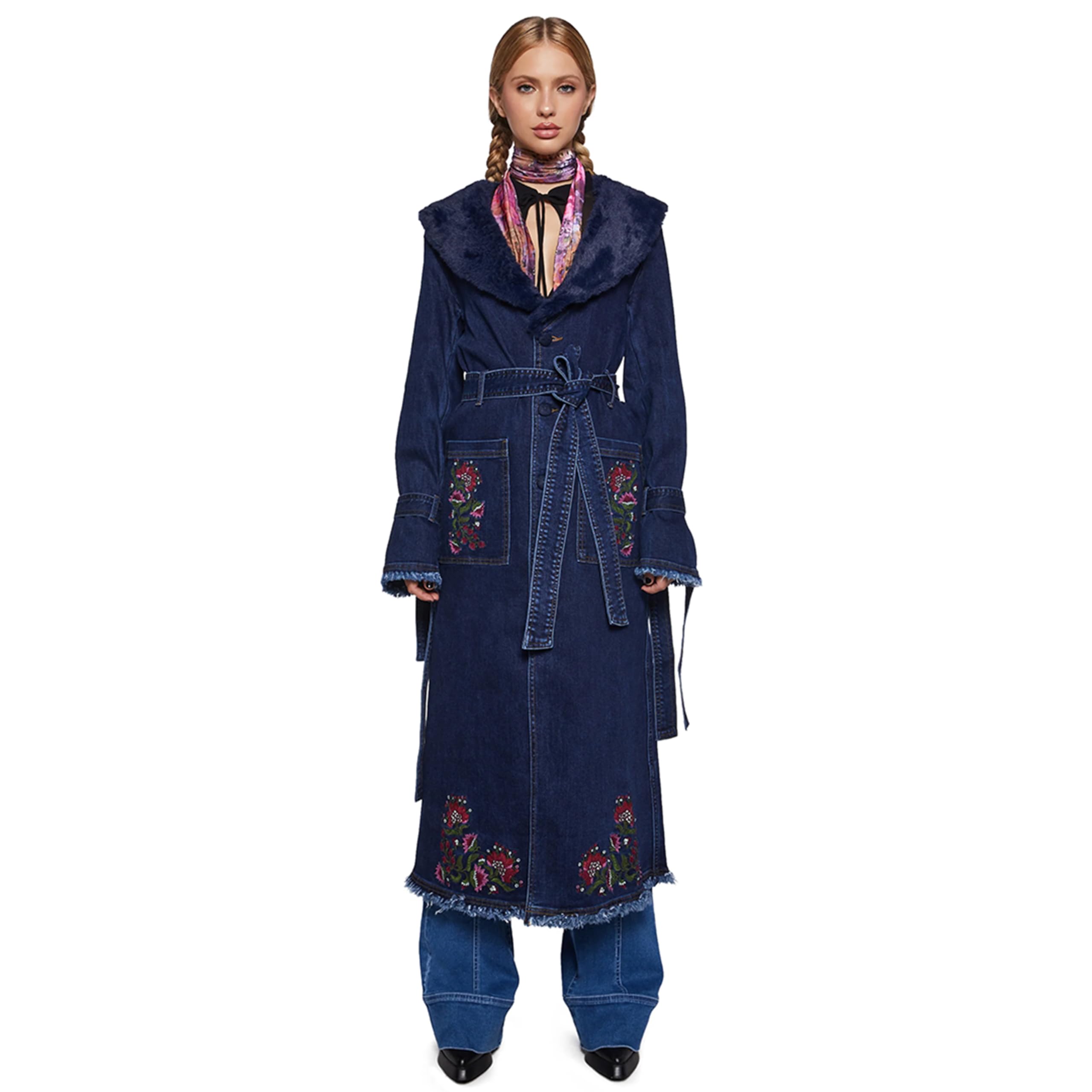 Dolls Kill Woven Dreams Denim Trench Coat by Current Mod - Floral Embroidered Stretch Denim with Faux Fur