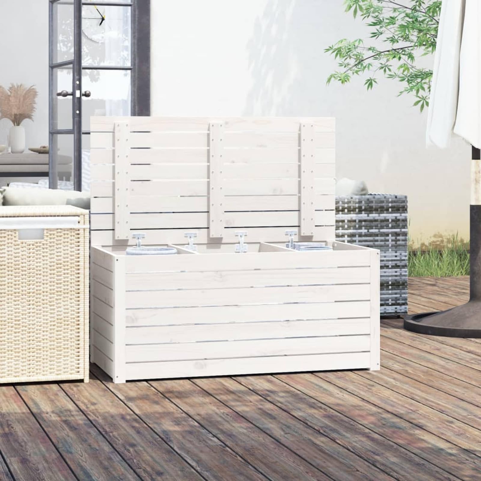 Baúl de jardín madera maciza de pino blanco 101x50,5x46,5 cm, Arcon Exterior, Arcones Para Patio, Baul Almacenamiento Exterior, Baúl Para Terraza