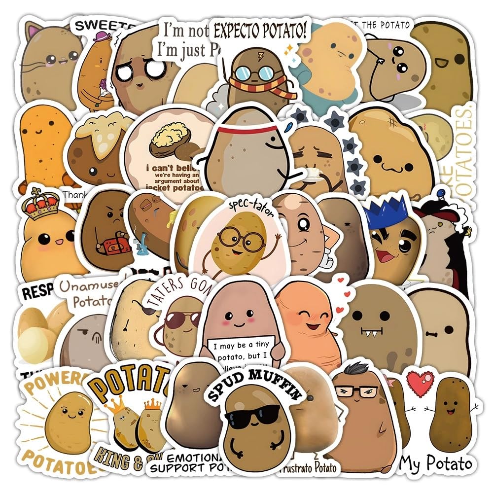 50 PCS Funny Potato Stickers,Cute Potato Sticker Pack Vinyl Skateboard Guitar Door Laptop Luggage Car Bike Water Bottle Birthday Party Supplies Teens Boys and Girls Decals — image 1
