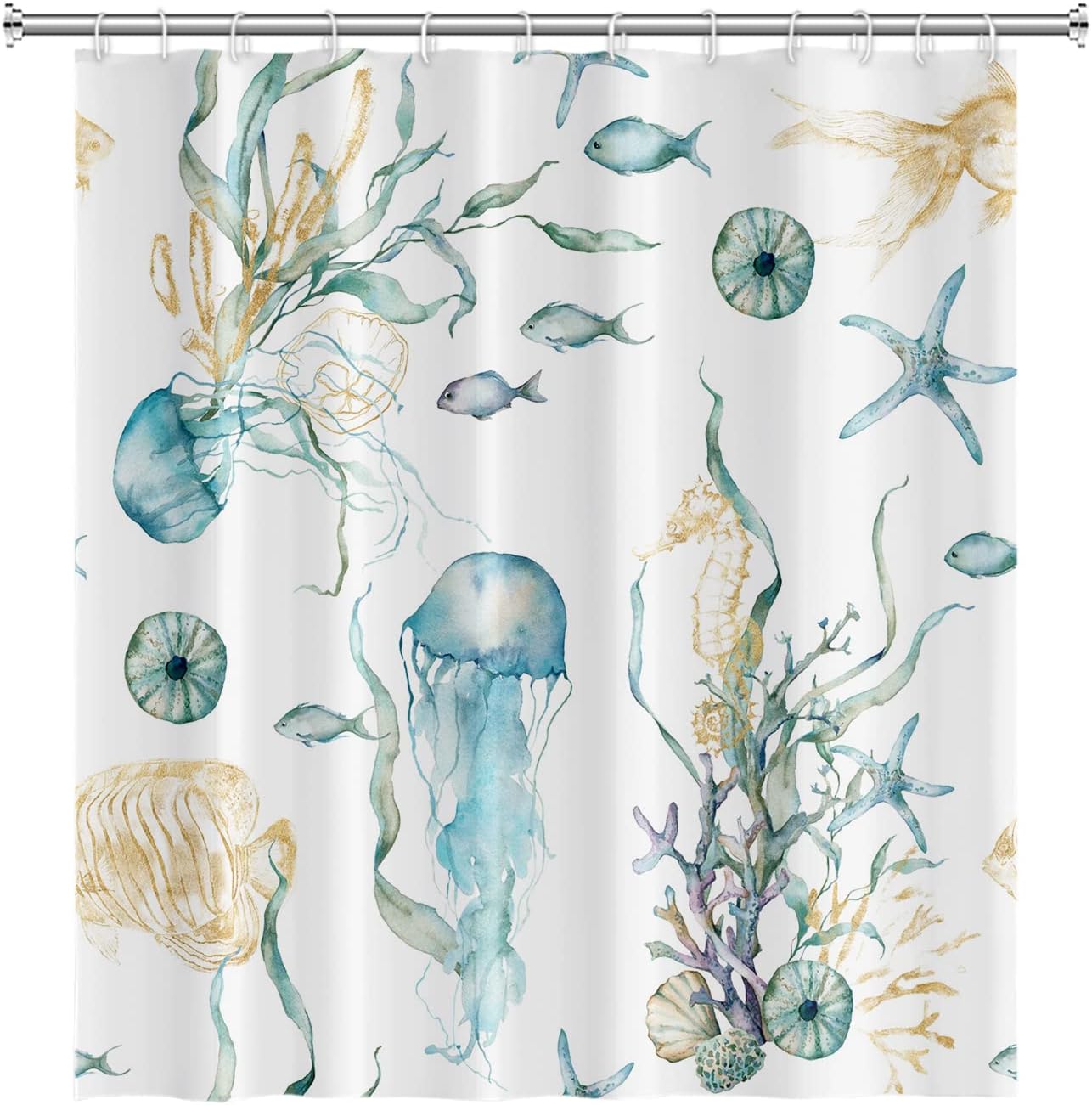Jellyfish Shower Curtain for Kids Bathroom Underwater World Sea Life Marine Themed Shower Curtain Waterproof Durable Fabric Artistic Home Decor Shower Curtain with Hooks, 72x72 Inch