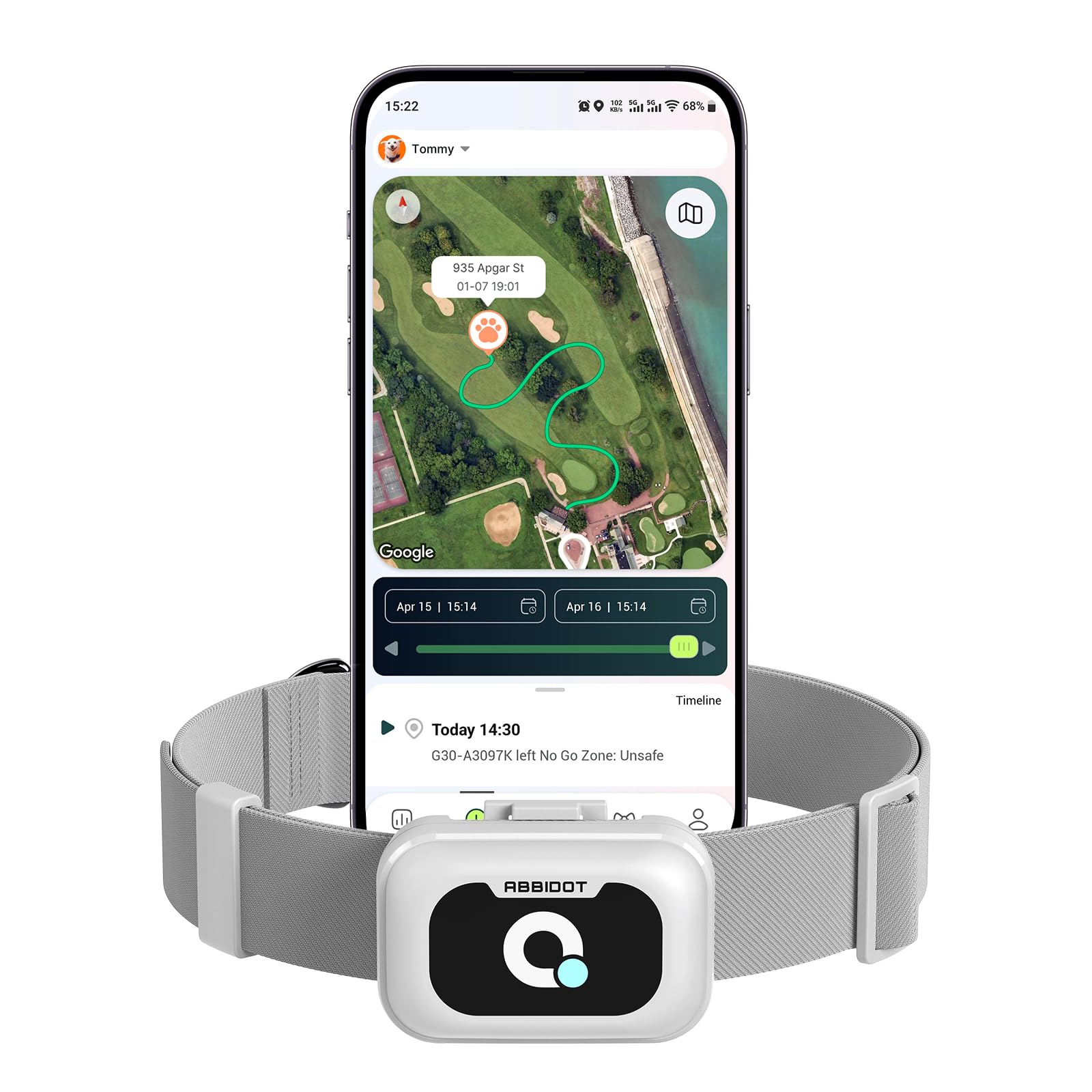 ABBIDOT GPS Tracker für Hunde - Echtzeit-Haustier-Tracker mit virtuellem Zaun, Aktivitätsmonitor, Standortverlauf, Fluchtwarnungen, 3-Modus-Nachtlicht, GPS-Hunde-Tracker mit Gesundheits- und