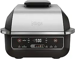 Ninja EG201 Foodi Churrasqueira interna 6 em 1 com fritura ao ar, assar, grelhar e desidratar, 2ª geração, lavável na lava-louças, preto/prata