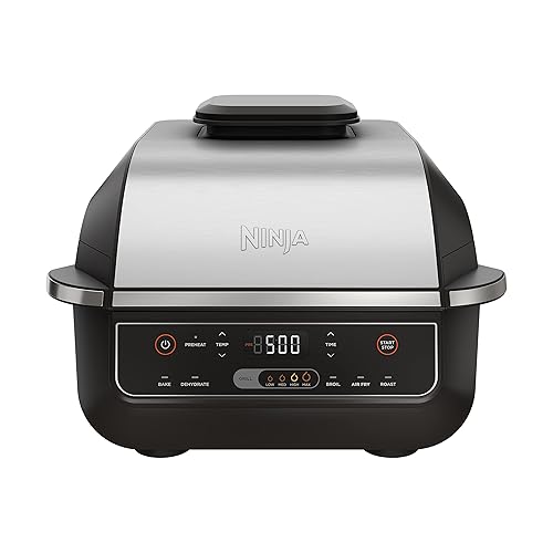 Ninja EG201 Foodi 6-in-1 Indoor Grill with Air Fry, Roast, Bake, Broil, & Dehydrate, 2nd Generation, Dishwasher Safe, Black/Silver - 6-in-1