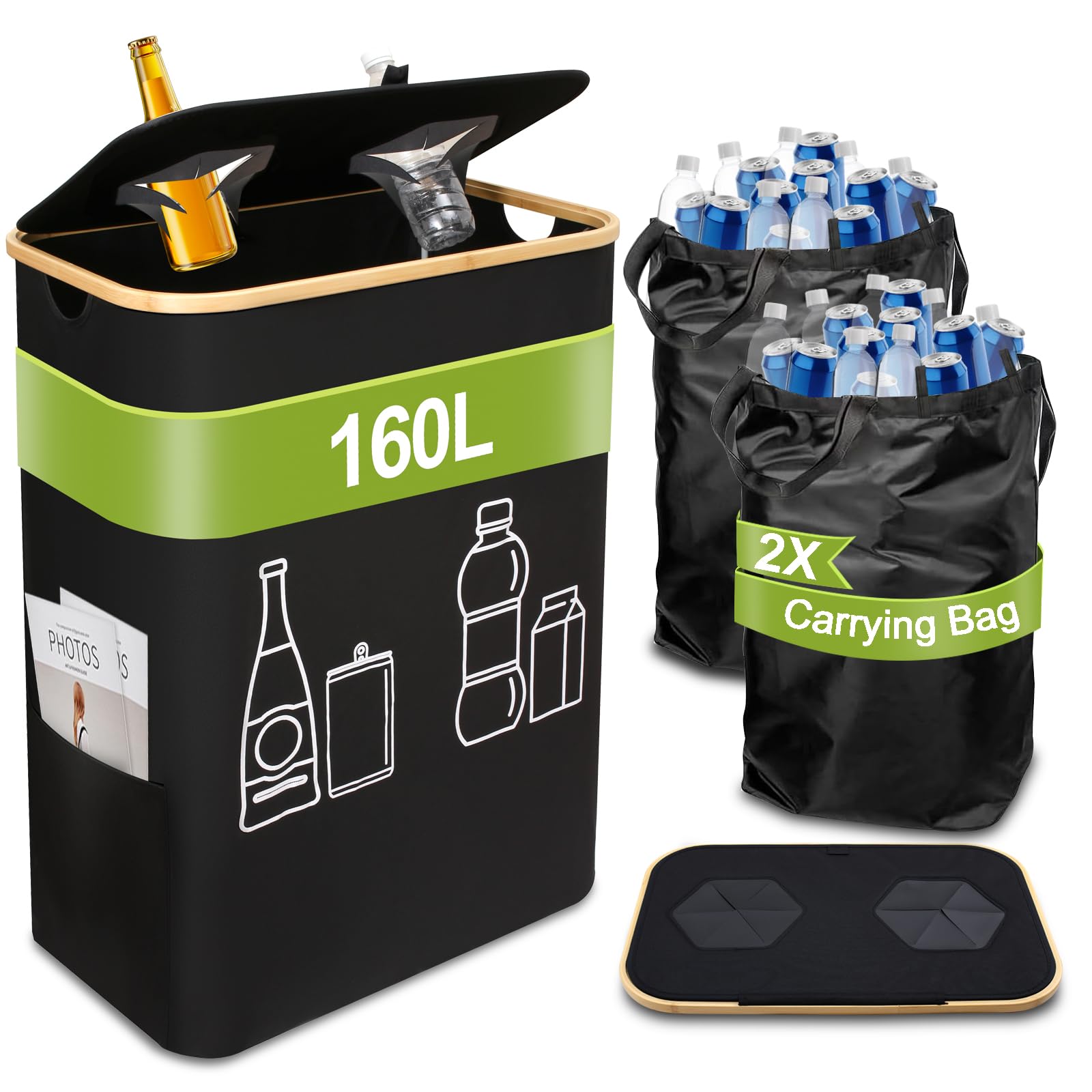 Collecteur De Tri 160L 2 Compartiments - Pour Bouteilles Plastique/verre, Avec Couvercle Et 2 Sacs Lavables