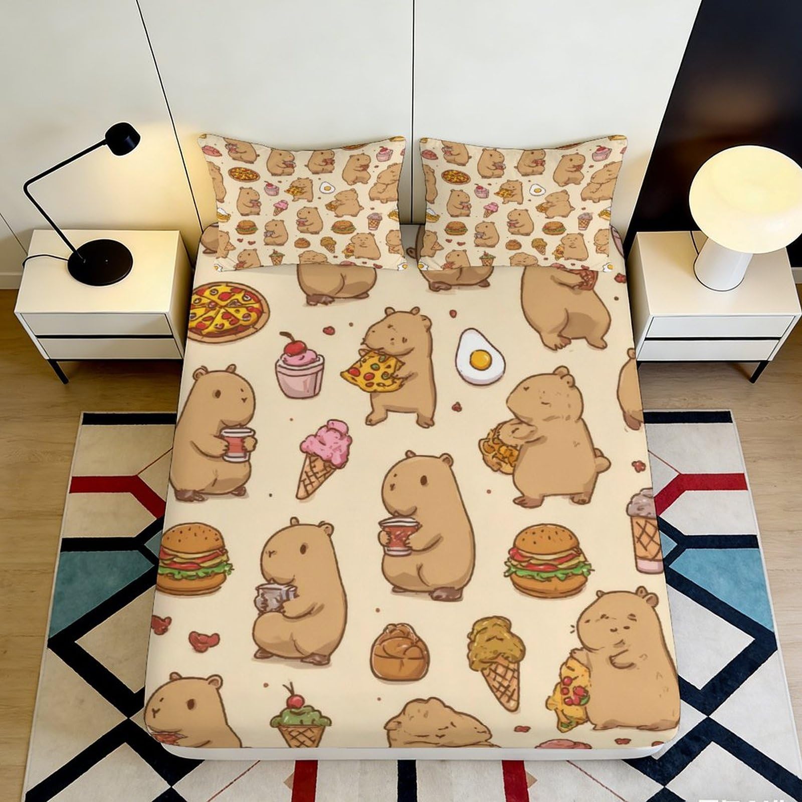 3D Printed Cute Capybara Fitted Sheet Microfiber Soft Bedroom Dorm Decor Food Theme Mattress Cover 90x200x25cm