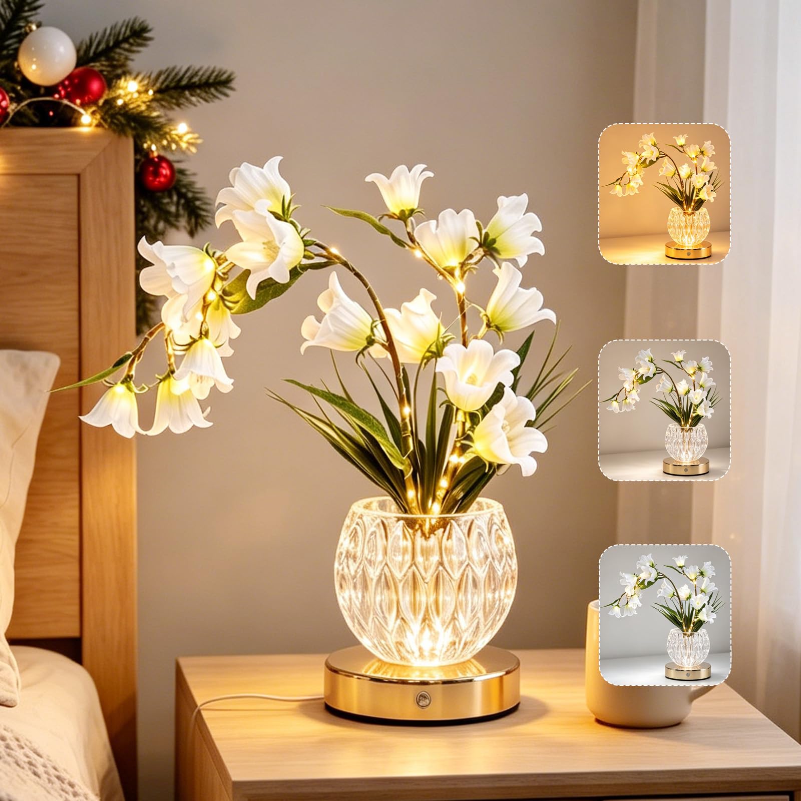 AVEKI Bellflower Table Lamp,3 Color Dimmable Touch Crystal Vase Bedside Light,Rechargeable Cordless Artificial Flowers Desk Lamp Decor for Date Party Home, Gift for Woman Mom (Bellflower-White B)
